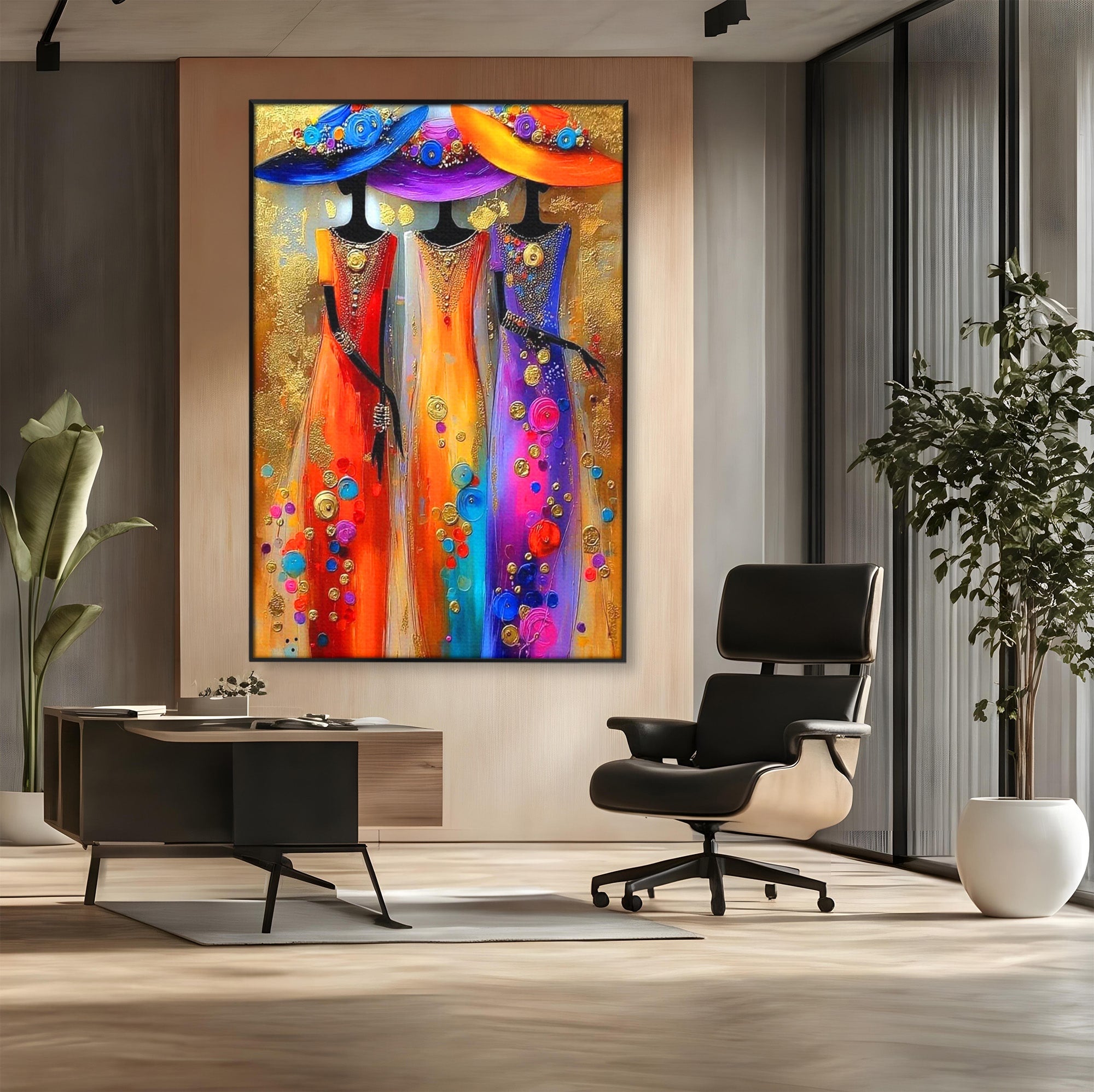 Tablou Canvas Premium LuxCanva® PI1004, Doamne Elegante Cu Palarii, Moda, Eleganta, Femei, Arta Contemporana, Living, Culori Vibrante
