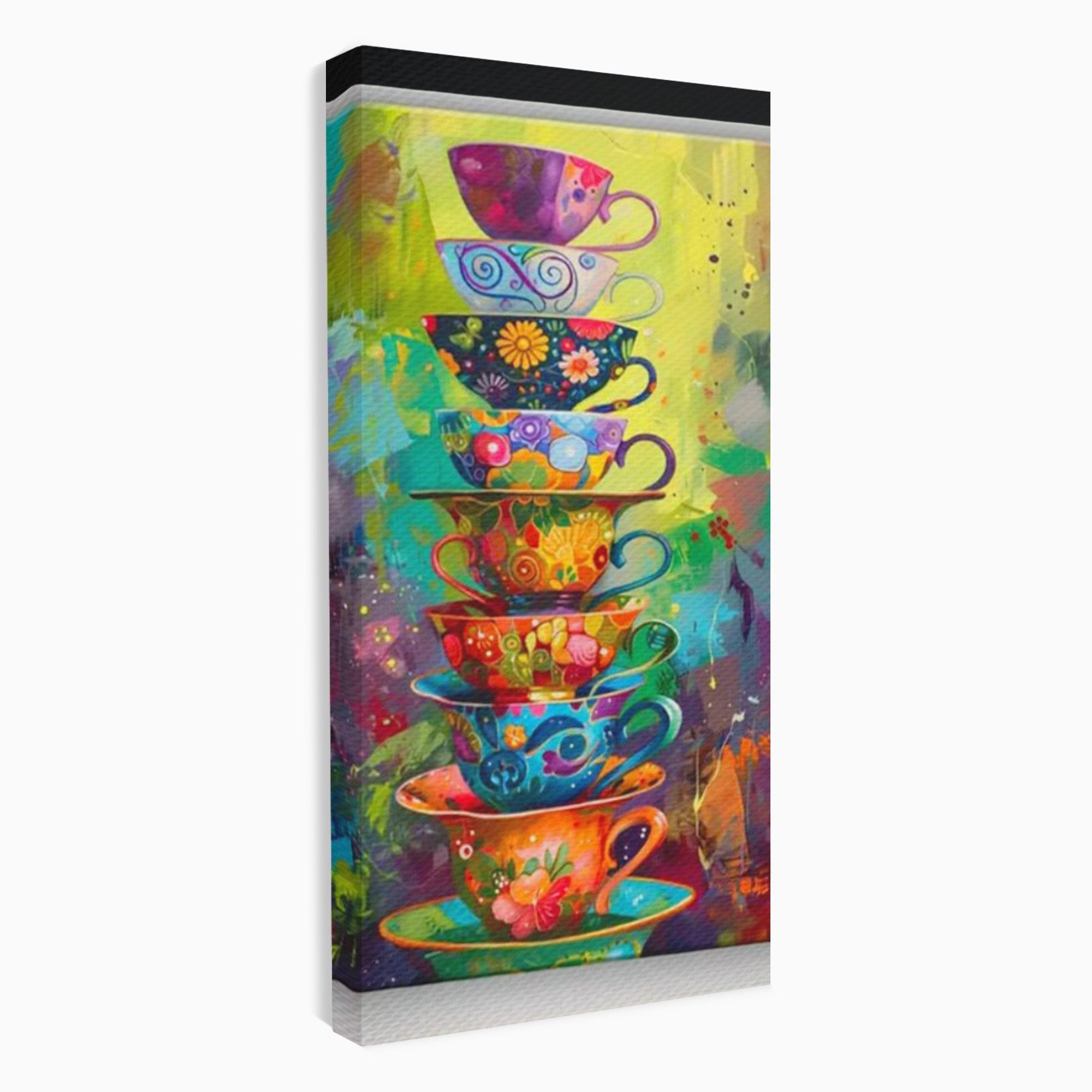 Tablou Canvas Premium LuxCanva® PI1005, Cesti Colorate, Cafea, Ceai, Vesela, Arta Abstracta, Culori Vii, Bucatarie, Culori Vibrante