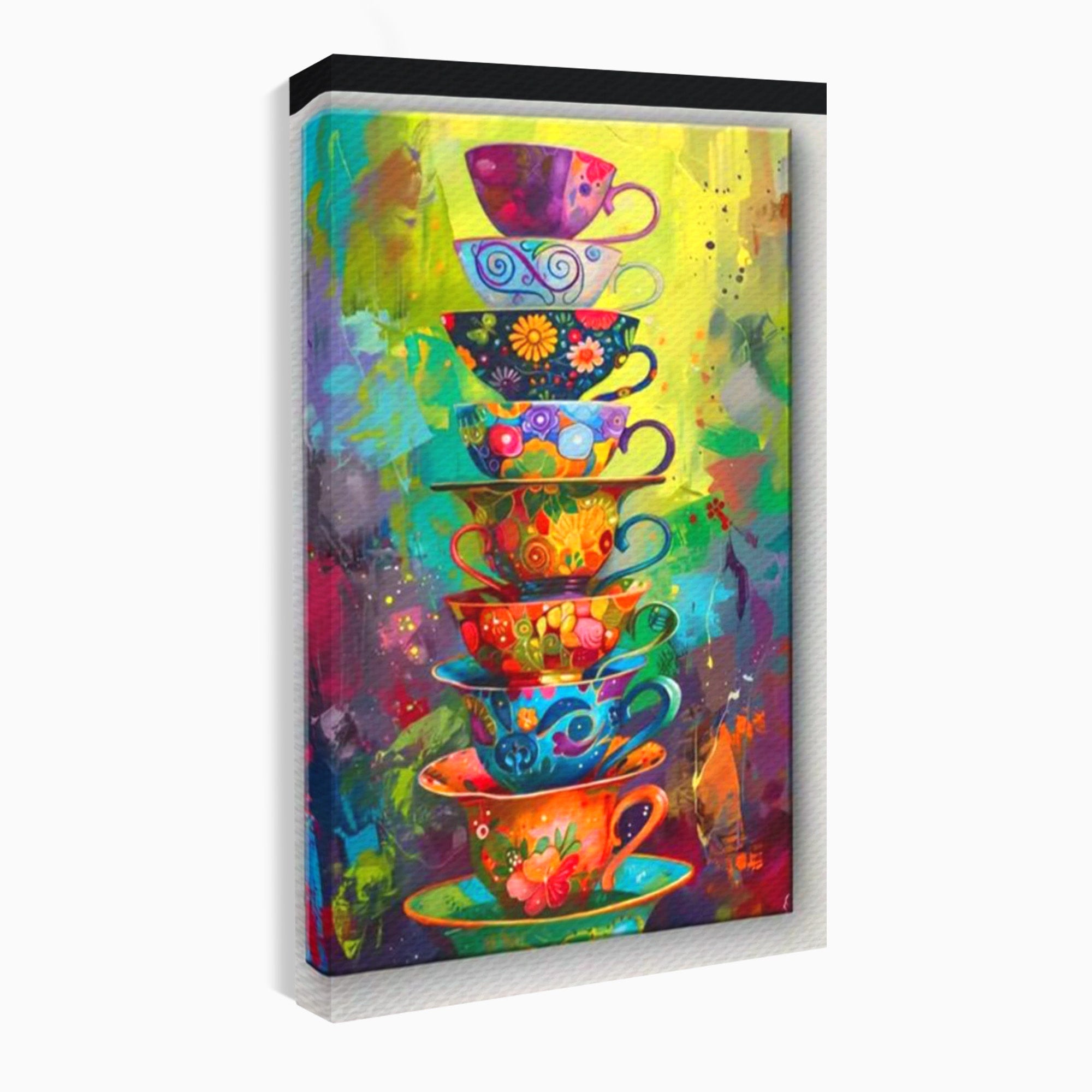 Tablou Canvas Premium LuxCanva® PI1005, Cesti Colorate, Cafea, Ceai, Vesela, Arta Abstracta, Culori Vii, Bucatarie, Culori Vibrante