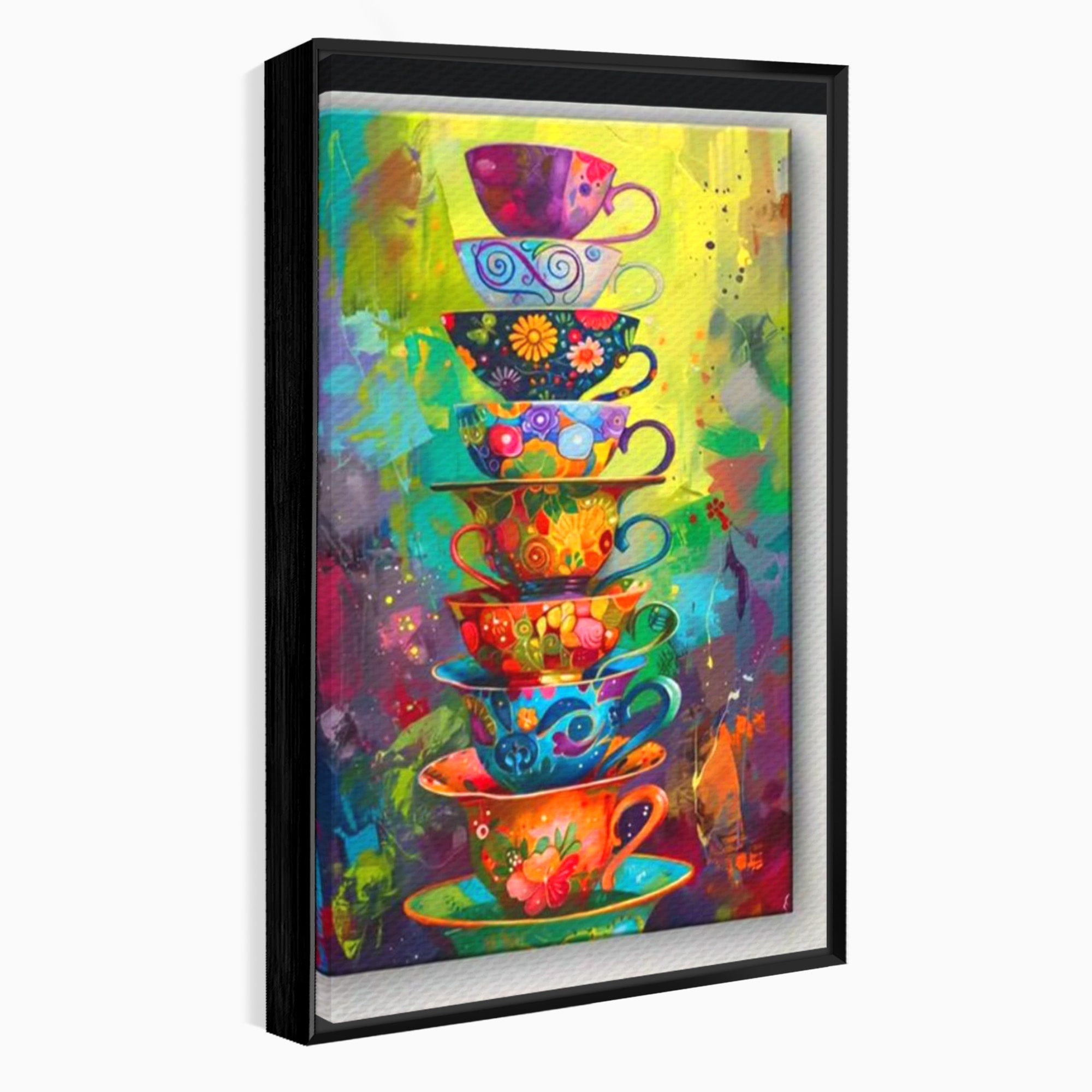 Tablou Canvas Premium LuxCanva® PI1005, Cesti Colorate, Cafea, Ceai, Vesela, Arta Abstracta, Culori Vii, Bucatarie, Culori Vibrante