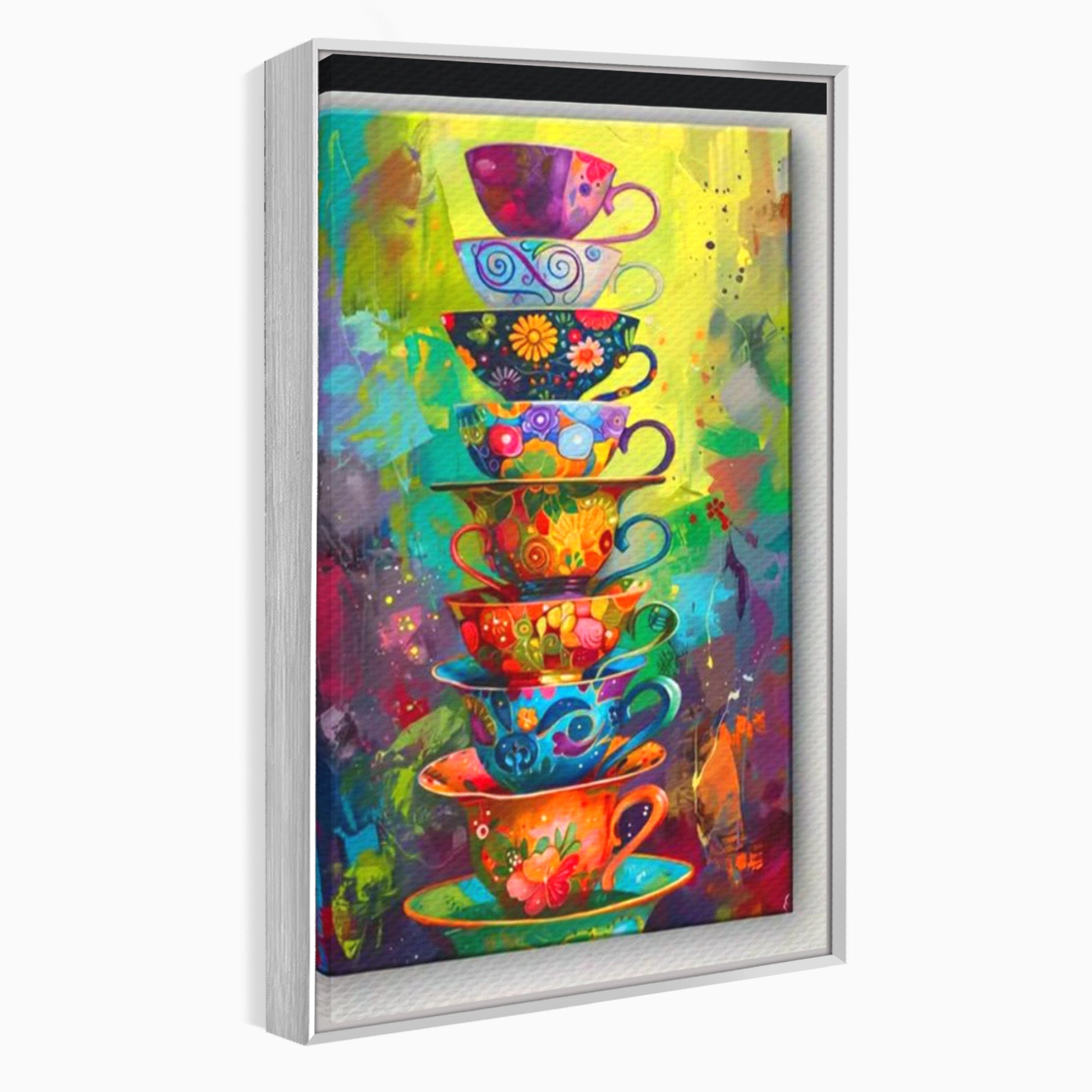 Tablou Canvas Premium LuxCanva® PI1005, Cesti Colorate, Cafea, Ceai, Vesela, Arta Abstracta, Culori Vii, Bucatarie, Culori Vibrante