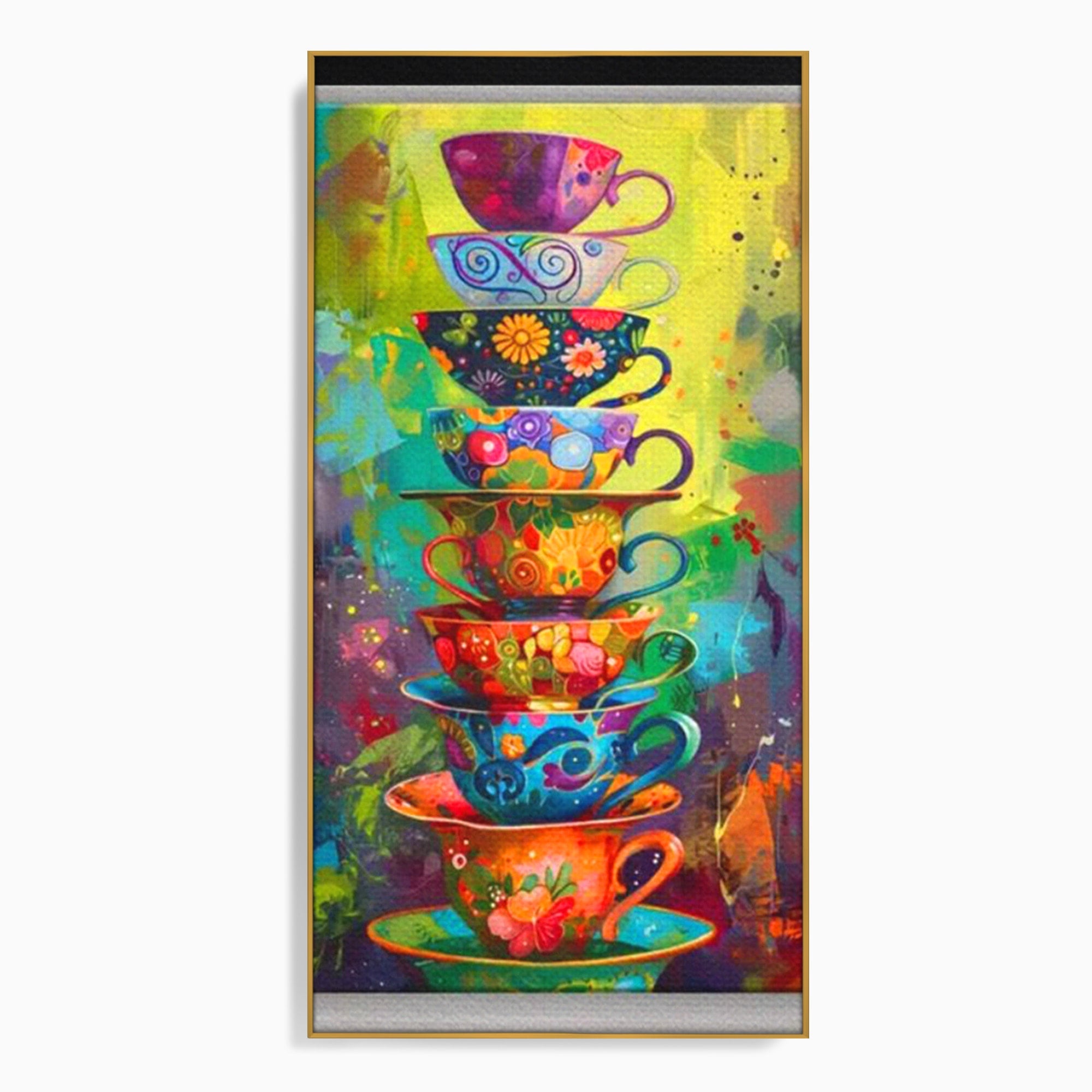 Tablou Canvas Premium LuxCanva® PI1005, Cesti Colorate, Cafea, Ceai, Vesela, Arta Abstracta, Culori Vii, Bucatarie, Culori Vibrante