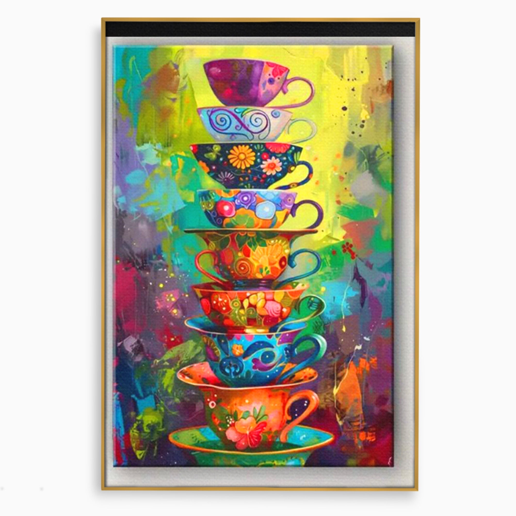 Tablou Canvas Premium LuxCanva® PI1005, Cesti Colorate, Cafea, Ceai, Vesela, Arta Abstracta, Culori Vii, Bucatarie, Culori Vibrante