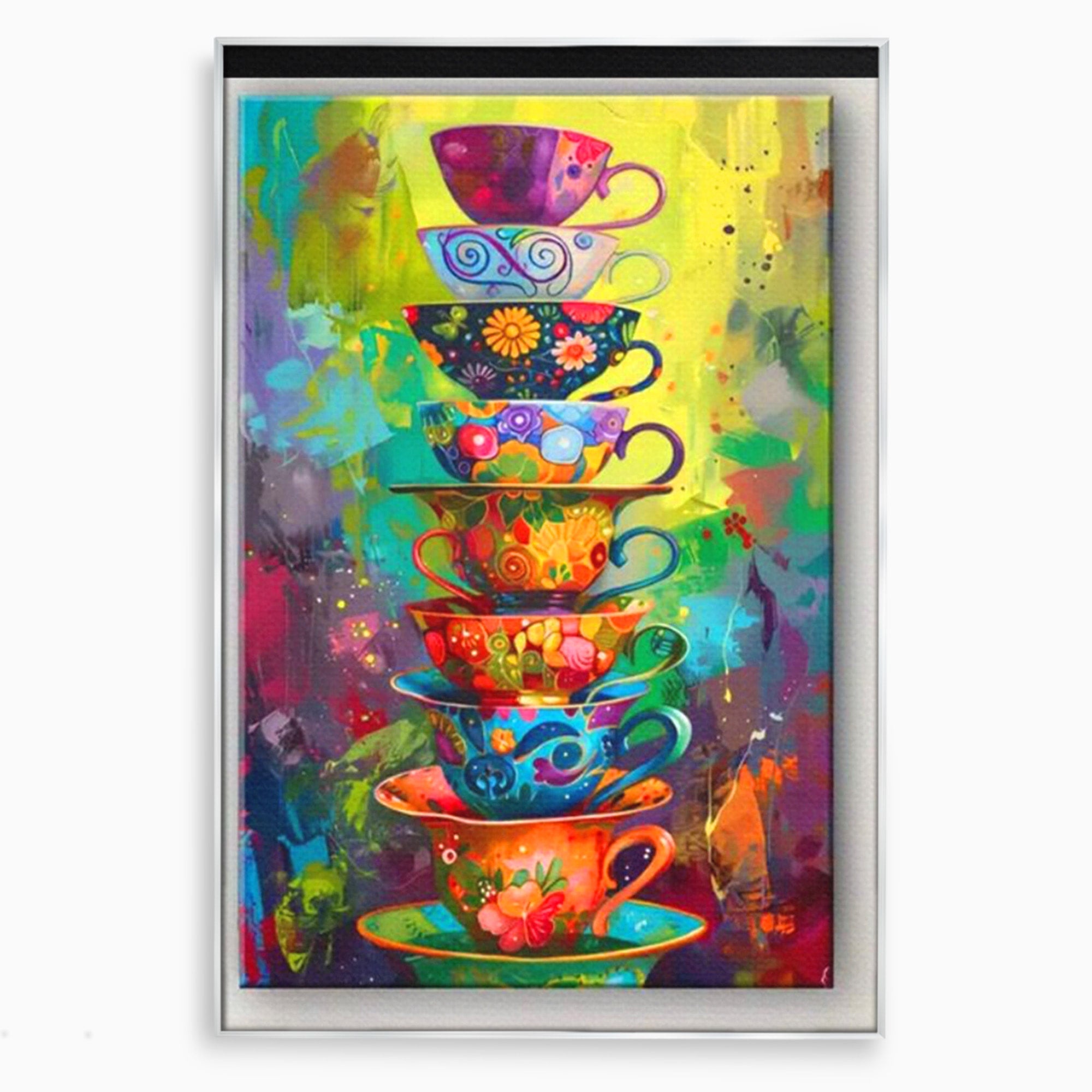 Tablou Canvas Premium LuxCanva® PI1005, Cesti Colorate, Cafea, Ceai, Vesela, Arta Abstracta, Culori Vii, Bucatarie, Culori Vibrante