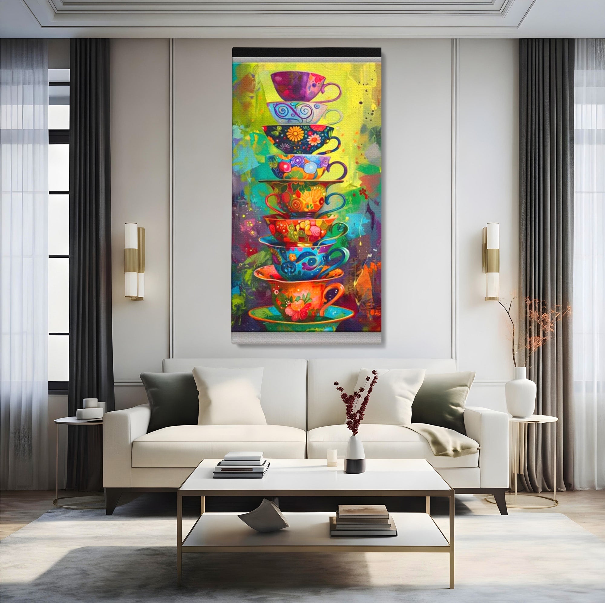 Tablou Canvas Premium LuxCanva® PI1005, Cesti Colorate, Cafea, Ceai, Vesela, Arta Abstracta, Culori Vii, Bucatarie, Culori Vibrante