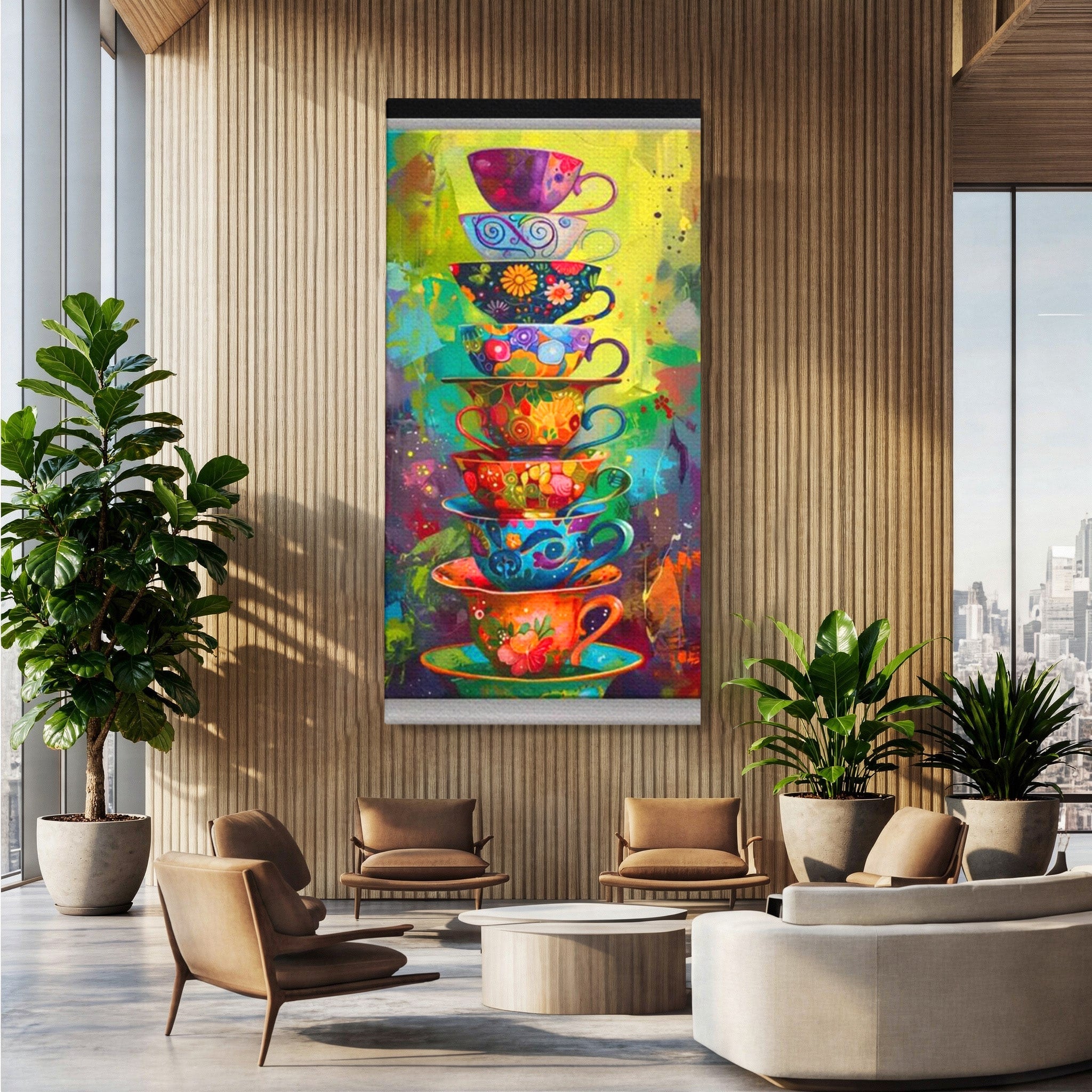 Tablou Canvas Premium LuxCanva® PI1005, Cesti Colorate, Cafea, Ceai, Vesela, Arta Abstracta, Culori Vii, Bucatarie, Culori Vibrante