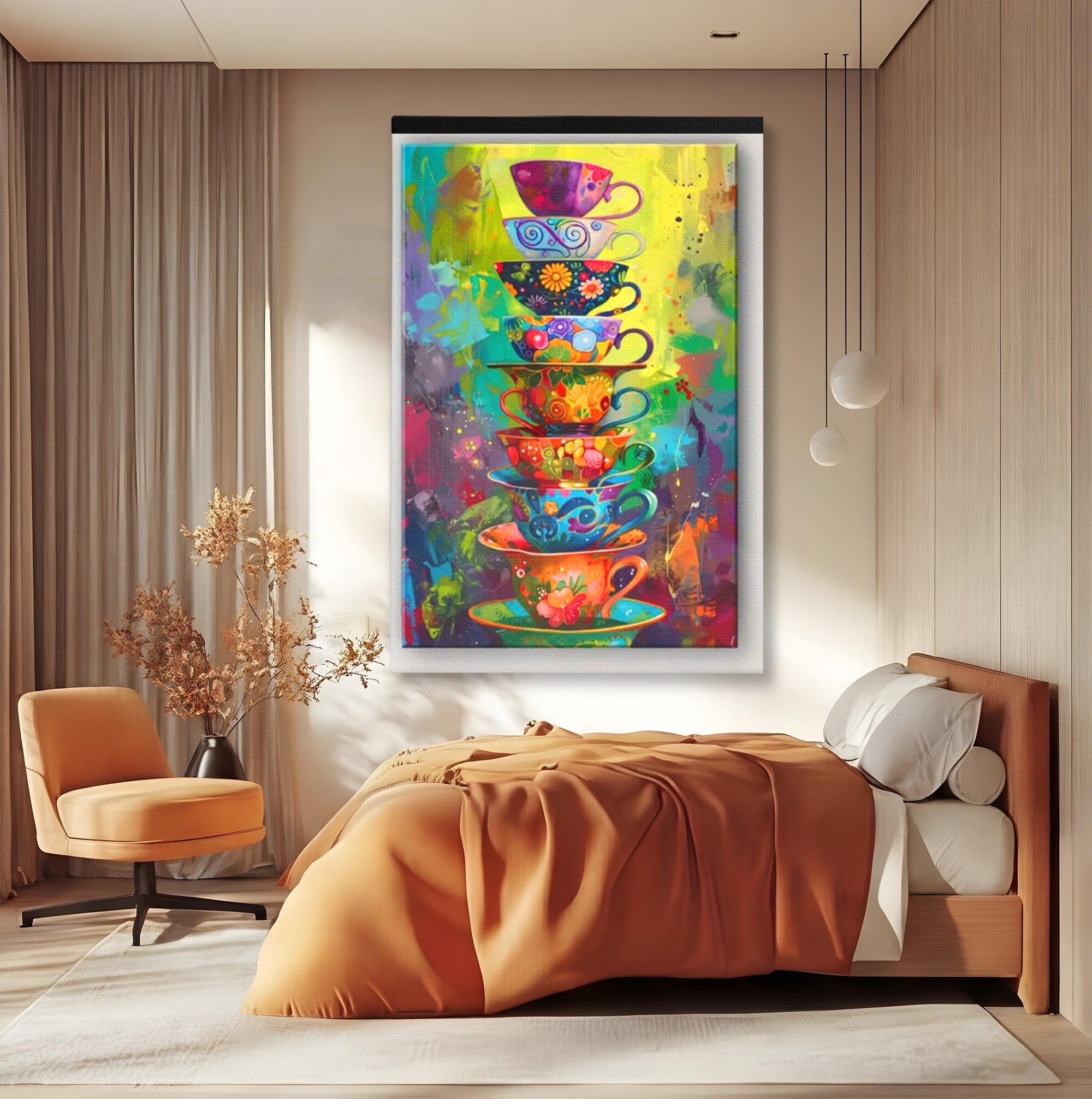 Tablou Canvas Premium LuxCanva® PI1005, Cesti Colorate, Cafea, Ceai, Vesela, Arta Abstracta, Culori Vii, Bucatarie, Culori Vibrante