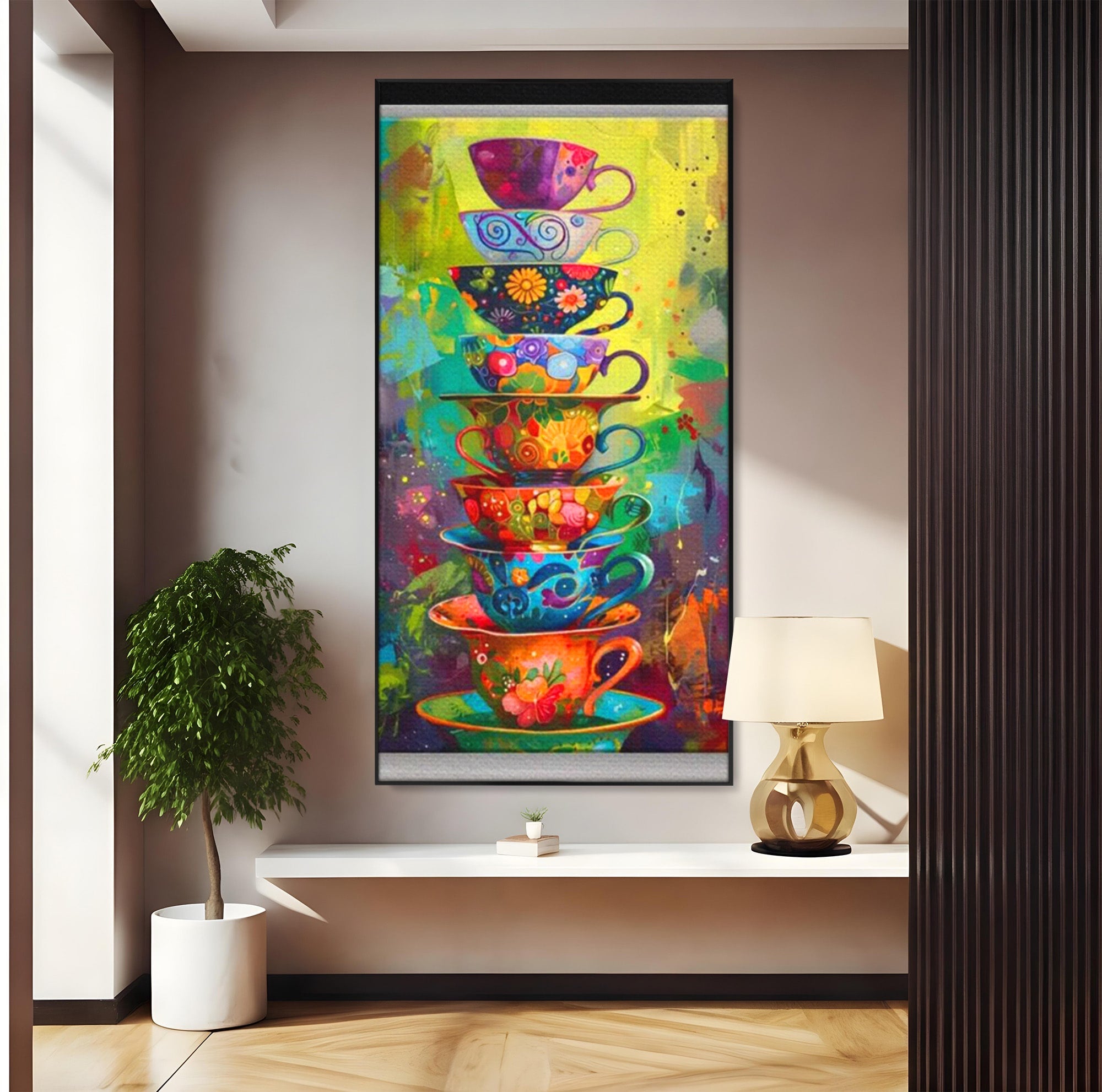 Tablou Canvas Premium LuxCanva® PI1005, Cesti Colorate, Cafea, Ceai, Vesela, Arta Abstracta, Culori Vii, Bucatarie, Culori Vibrante