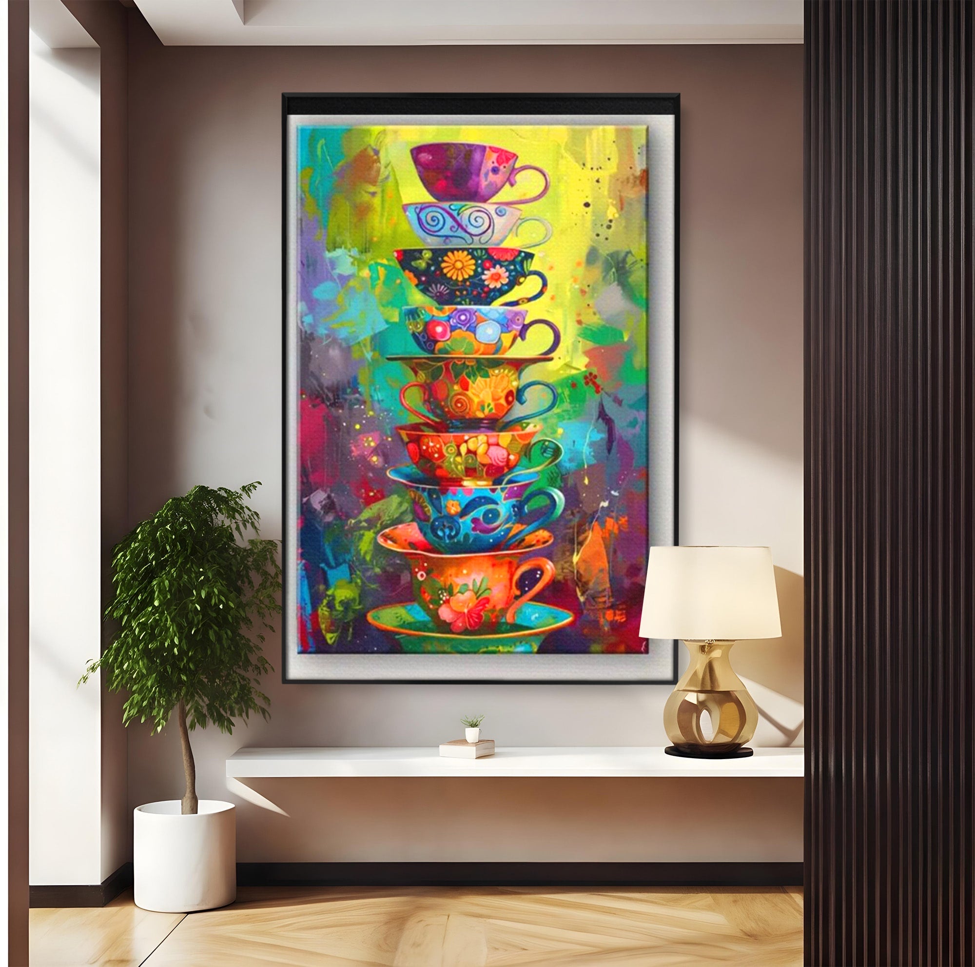Tablou Canvas Premium LuxCanva® PI1005, Cesti Colorate, Cafea, Ceai, Vesela, Arta Abstracta, Culori Vii, Bucatarie, Culori Vibrante