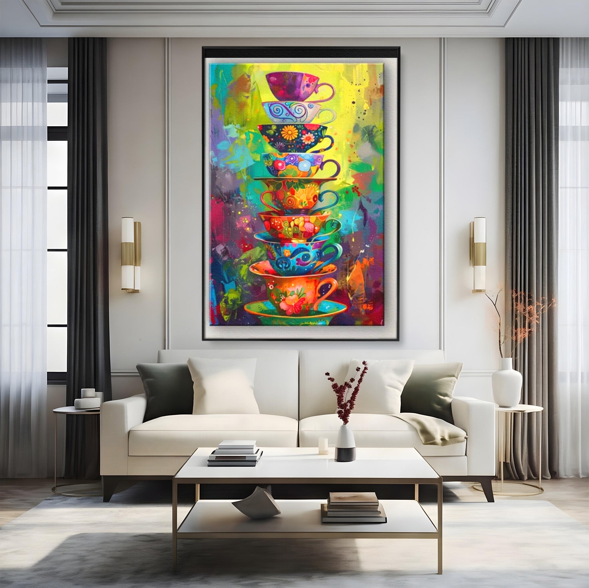 Tablou Canvas Premium LuxCanva® PI1005, Cesti Colorate, Cafea, Ceai, Vesela, Arta Abstracta, Culori Vii, Bucatarie, Culori Vibrante