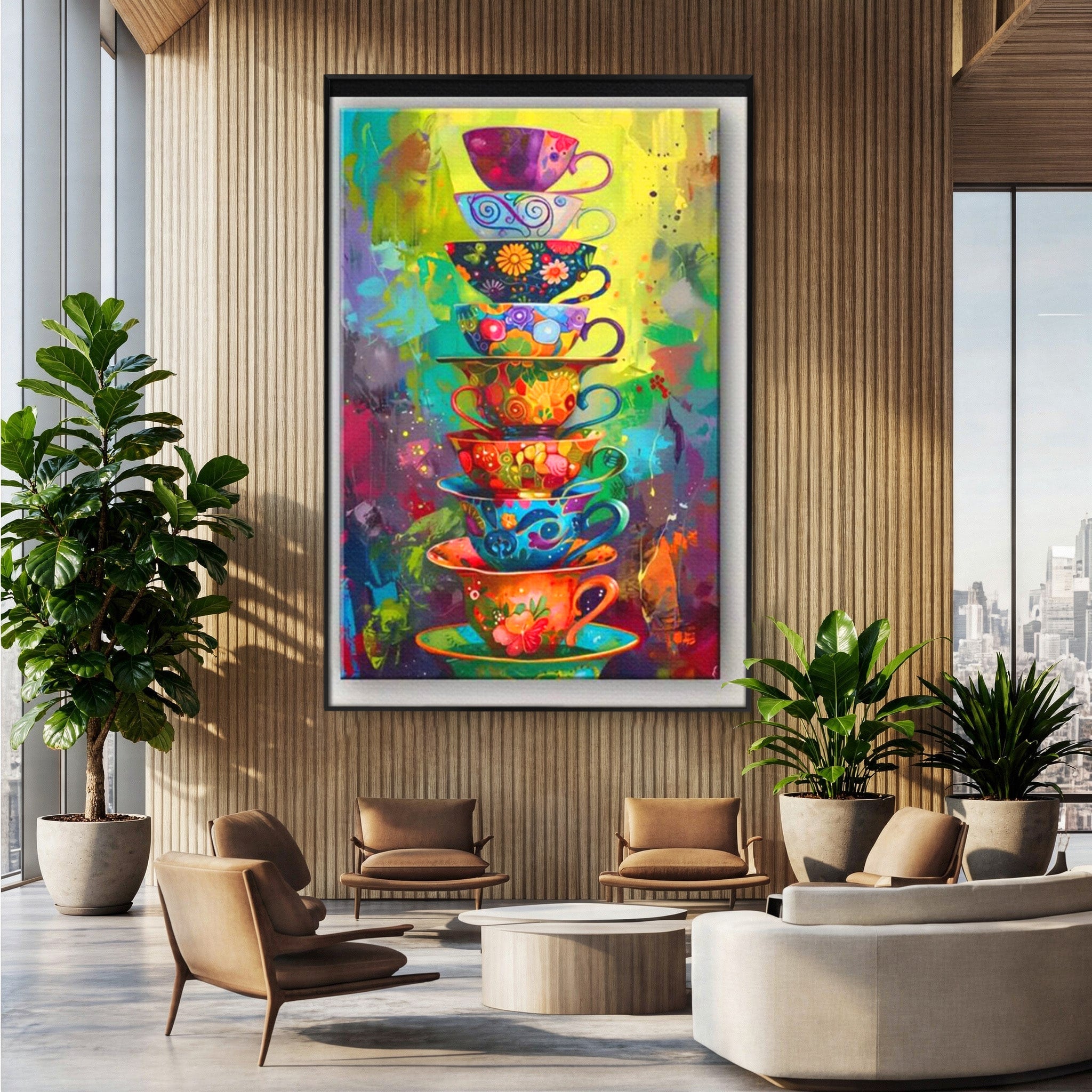 Tablou Canvas Premium LuxCanva® PI1005, Cesti Colorate, Cafea, Ceai, Vesela, Arta Abstracta, Culori Vii, Bucatarie, Culori Vibrante