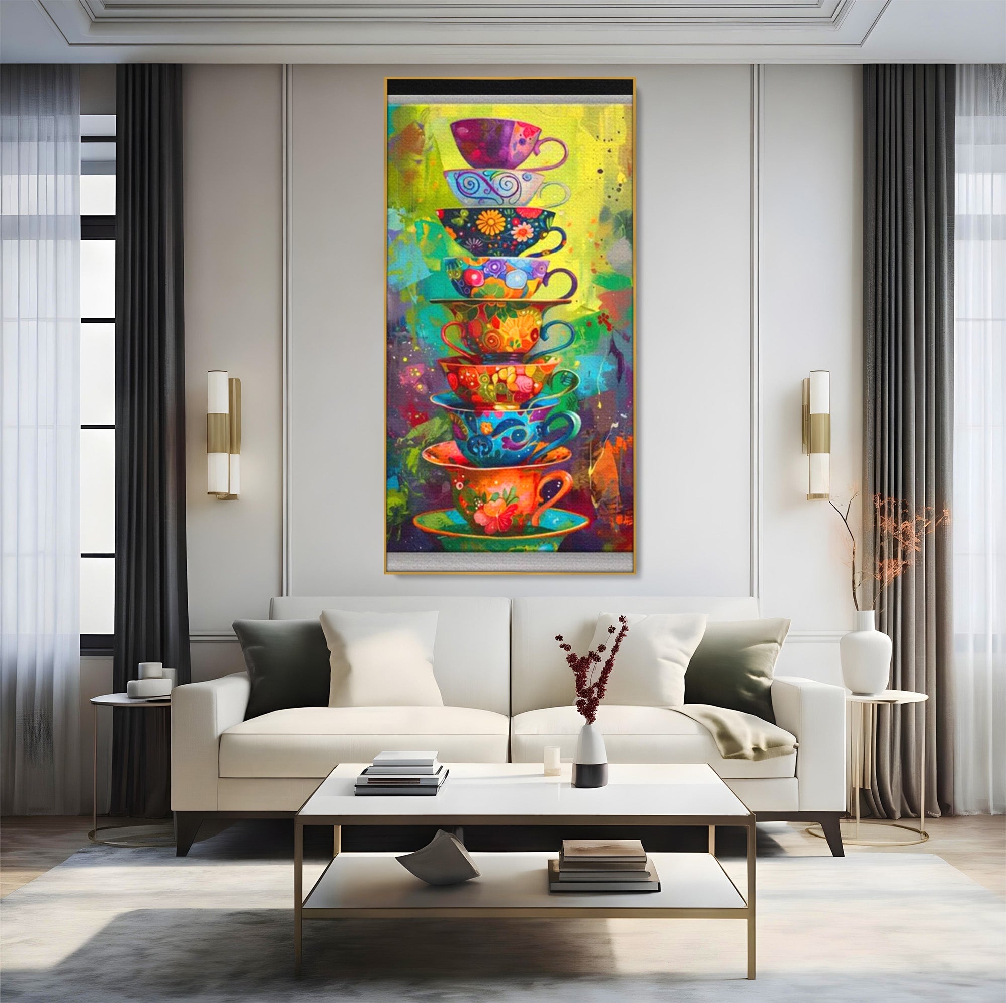 Tablou Canvas Premium LuxCanva® PI1005, Cesti Colorate, Cafea, Ceai, Vesela, Arta Abstracta, Culori Vii, Bucatarie, Culori Vibrante