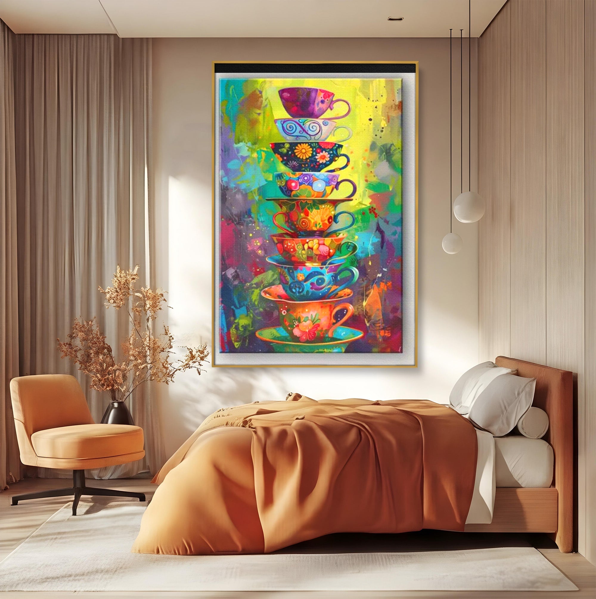 Tablou Canvas Premium LuxCanva® PI1005, Cesti Colorate, Cafea, Ceai, Vesela, Arta Abstracta, Culori Vii, Bucatarie, Culori Vibrante