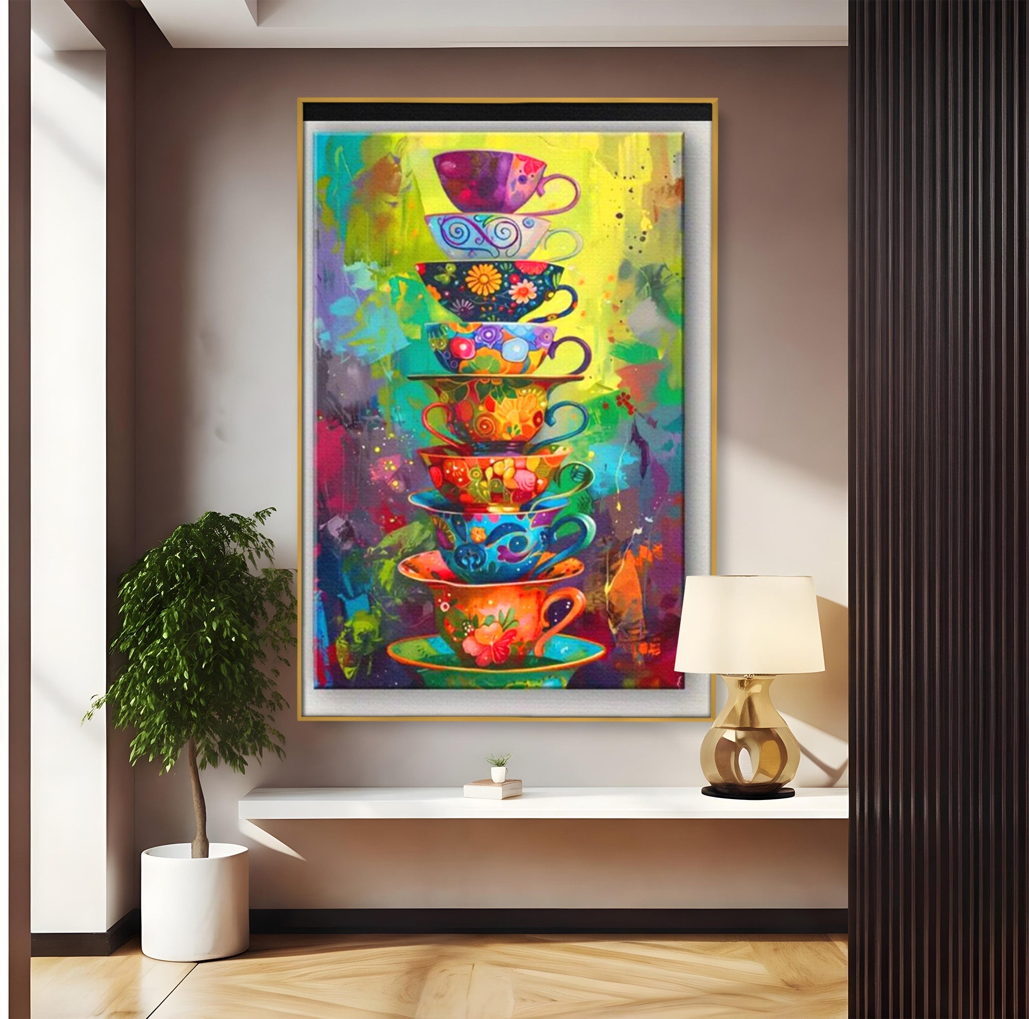 Tablou Canvas Premium LuxCanva® PI1005, Cesti Colorate, Cafea, Ceai, Vesela, Arta Abstracta, Culori Vii, Bucatarie, Culori Vibrante