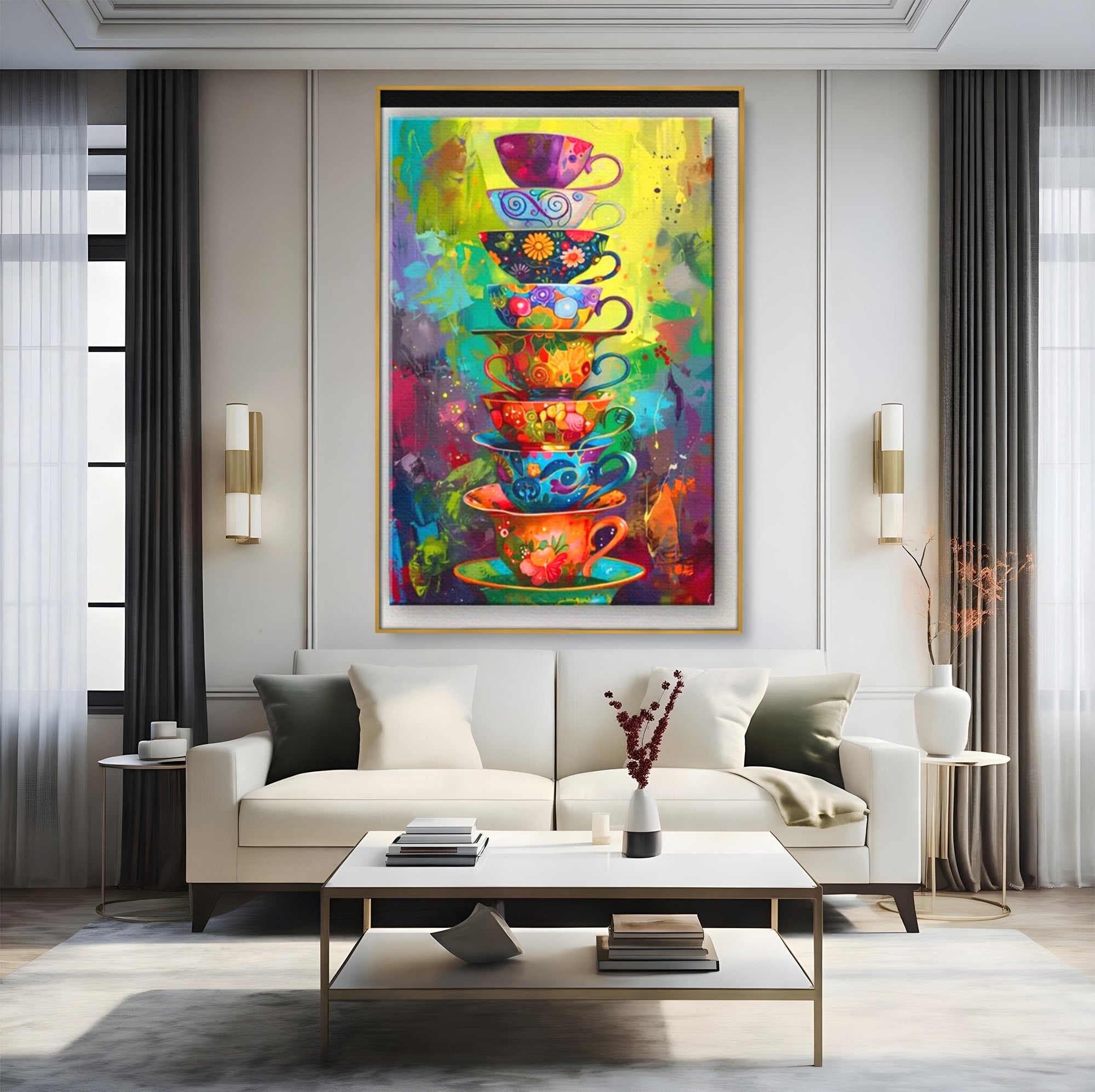 Tablou Canvas Premium LuxCanva® PI1005, Cesti Colorate, Cafea, Ceai, Vesela, Arta Abstracta, Culori Vii, Bucatarie, Culori Vibrante