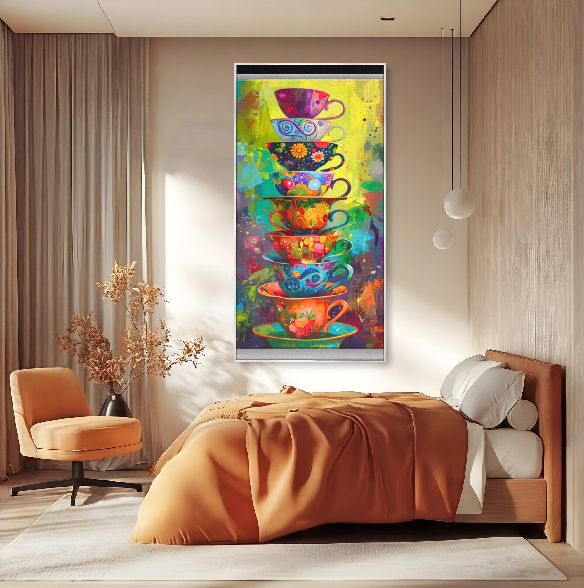 Tablou Canvas Premium LuxCanva® PI1005, Cesti Colorate, Cafea, Ceai, Vesela, Arta Abstracta, Culori Vii, Bucatarie, Culori Vibrante