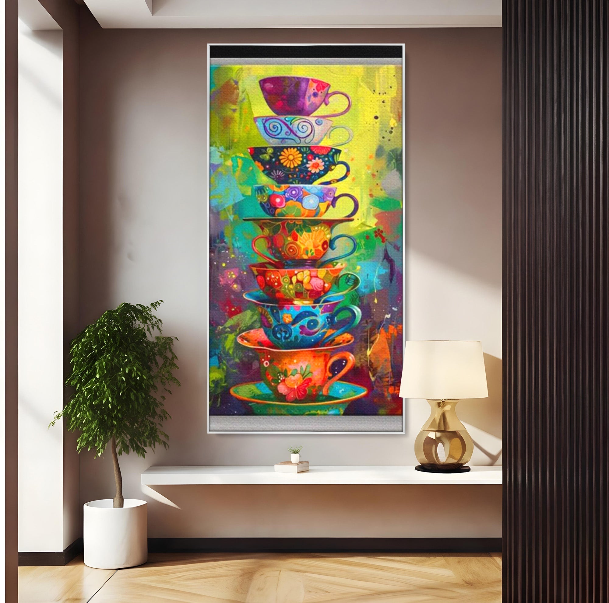 Tablou Canvas Premium LuxCanva® PI1005, Cesti Colorate, Cafea, Ceai, Vesela, Arta Abstracta, Culori Vii, Bucatarie, Culori Vibrante