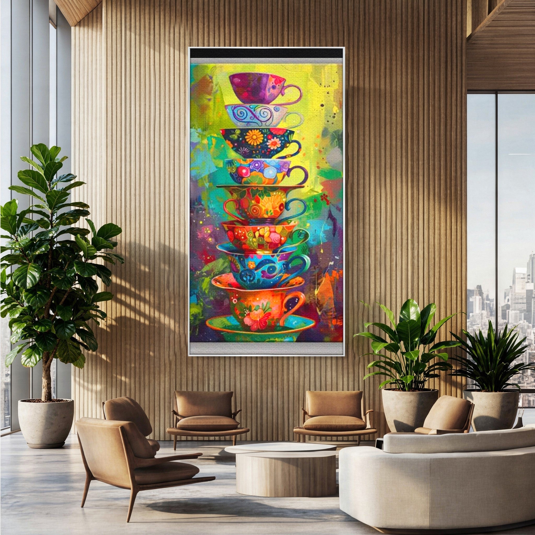 Tablou Canvas Premium LuxCanva® PI1005, Cesti Colorate, Cafea, Ceai, Vesela, Arta Abstracta, Culori Vii, Bucatarie, Culori Vibrante
