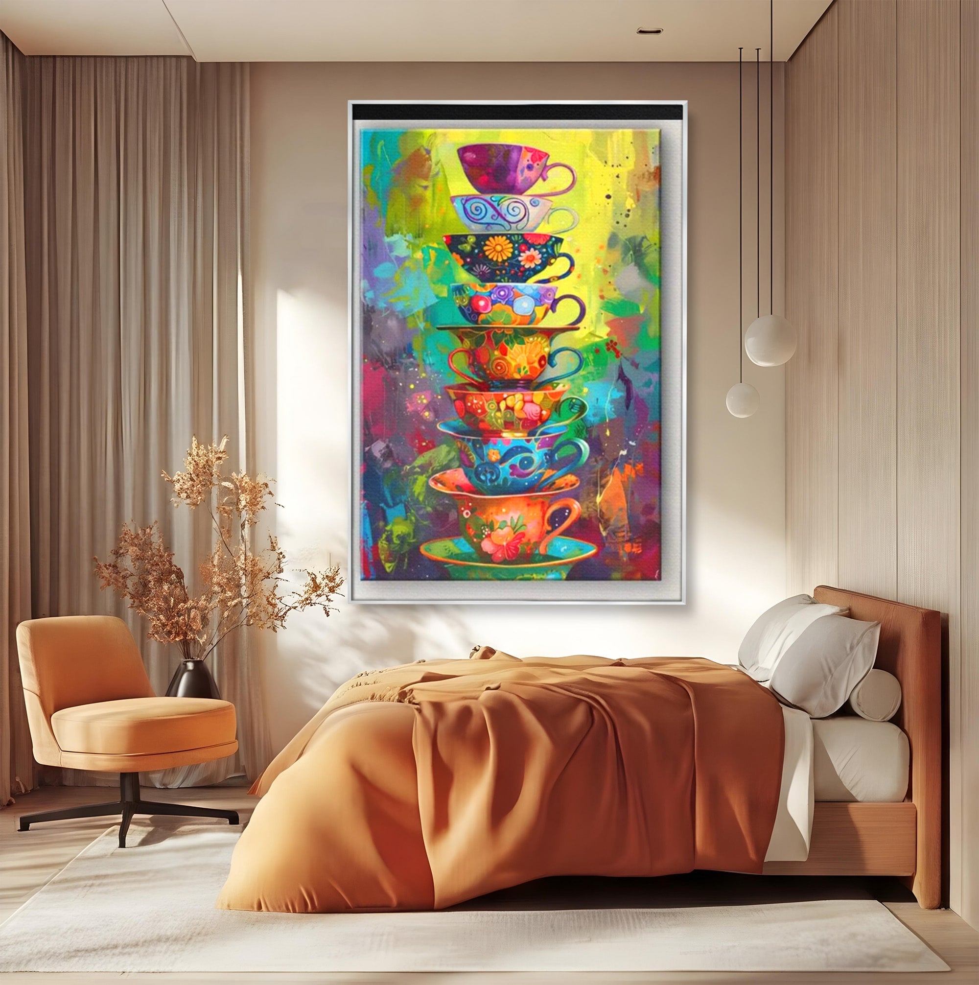 Tablou Canvas Premium LuxCanva® PI1005, Cesti Colorate, Cafea, Ceai, Vesela, Arta Abstracta, Culori Vii, Bucatarie, Culori Vibrante