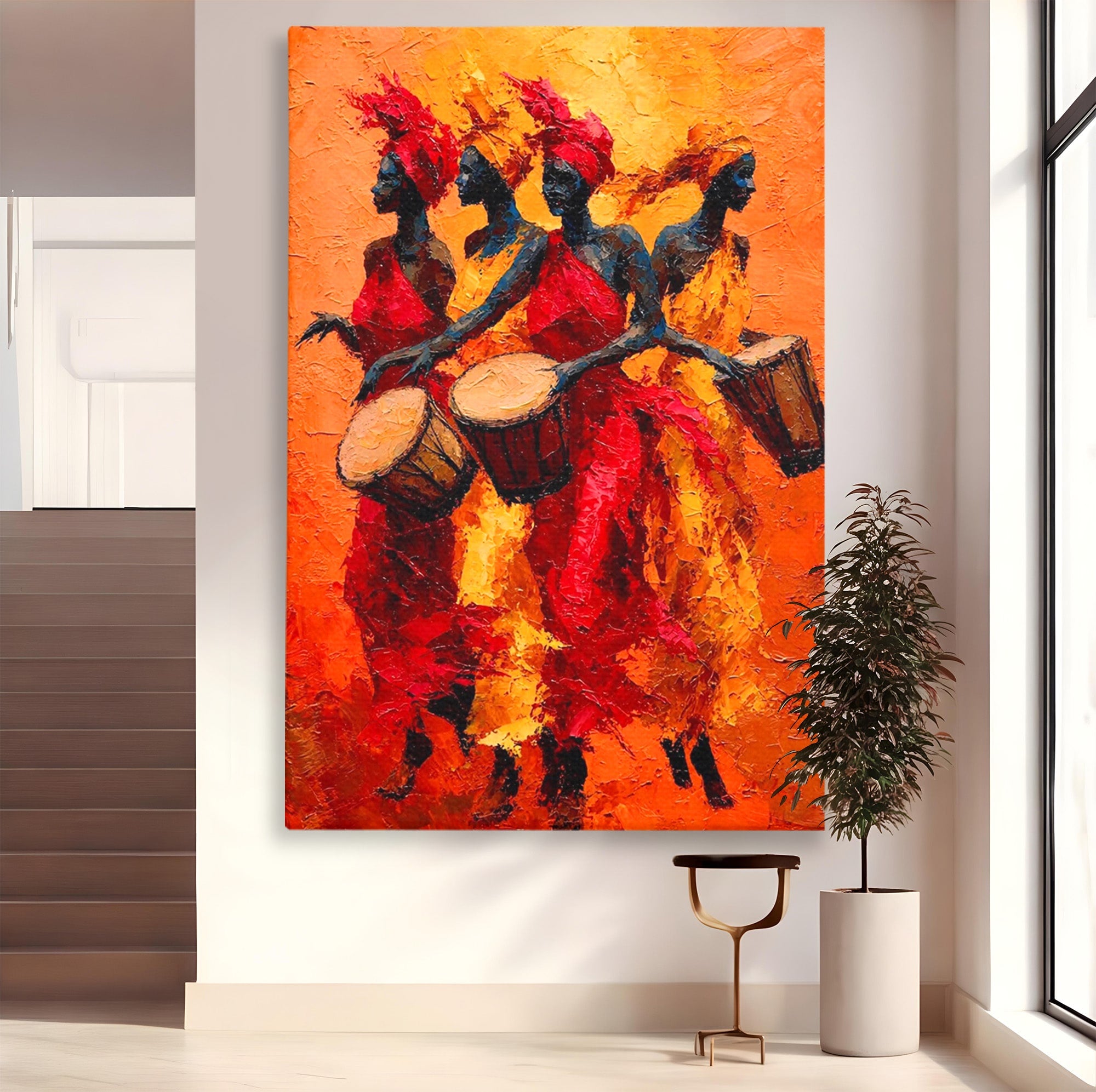 Tablou Canvas Premium LuxCanva® PI1006, Dansatoare Africane Cu Tobe, Dans, Africa, Tobe, Living, Cultura, Culori Vibrante