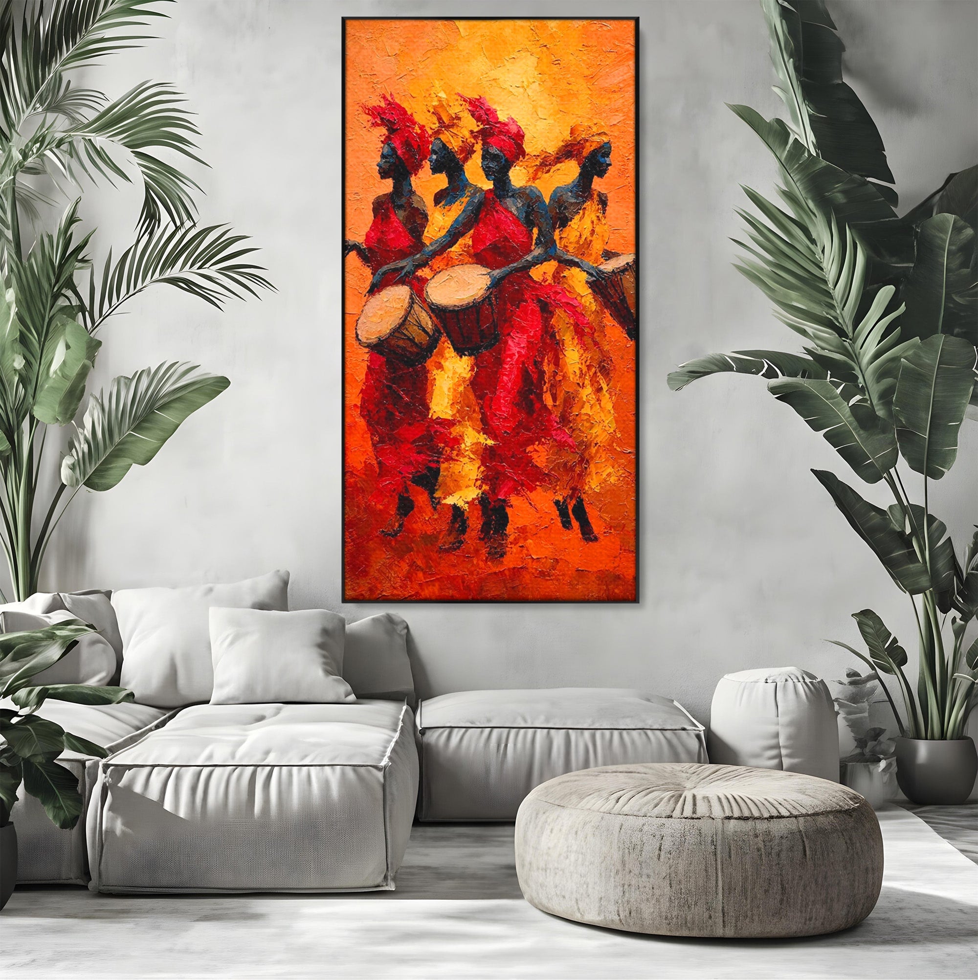 Tablou Canvas Premium LuxCanva® PI1006, Dansatoare Africane Cu Tobe, Dans, Africa, Tobe, Living, Cultura, Culori Vibrante