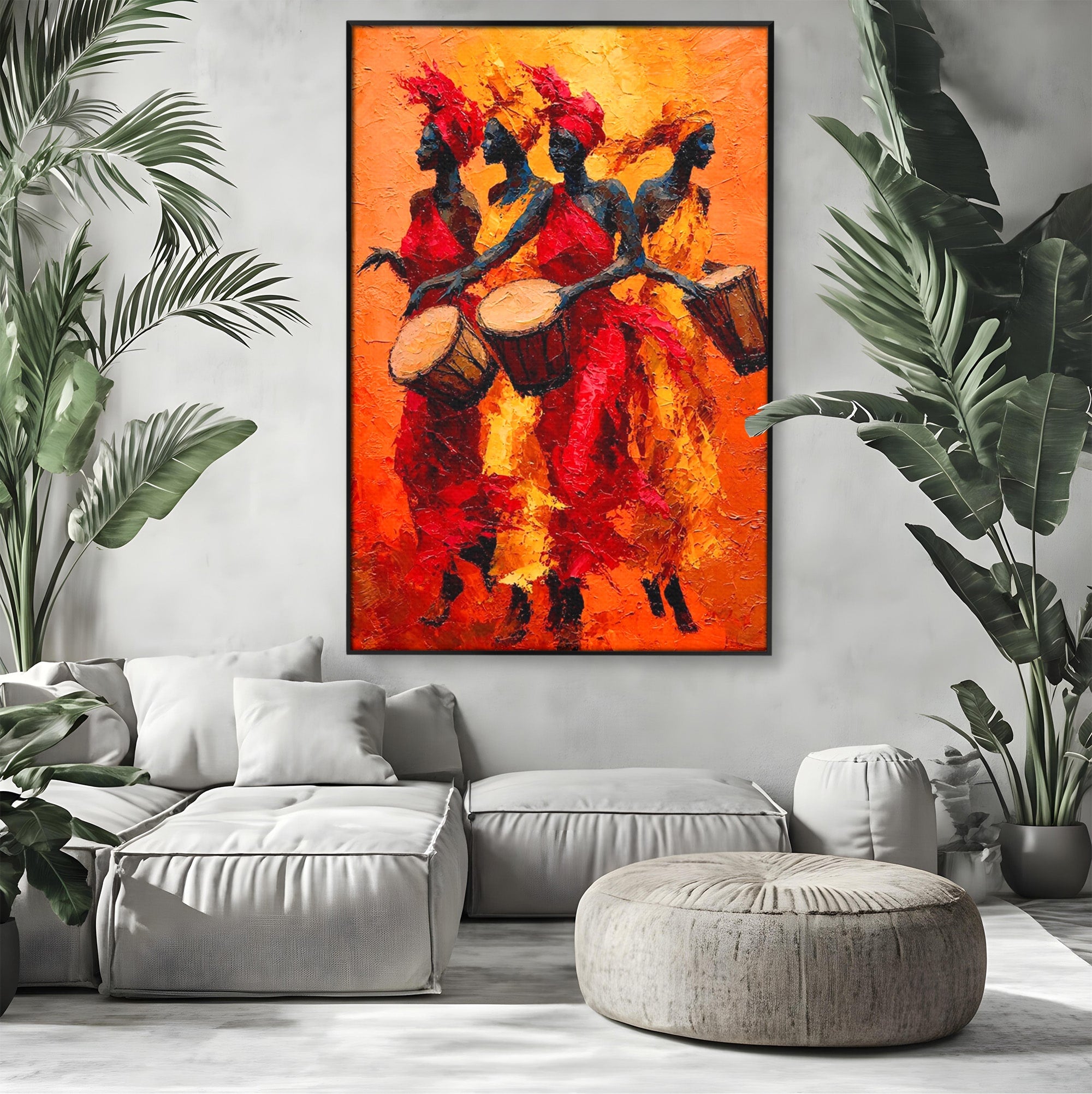 Tablou Canvas Premium LuxCanva® PI1006, Dansatoare Africane Cu Tobe, Dans, Africa, Tobe, Living, Cultura, Culori Vibrante