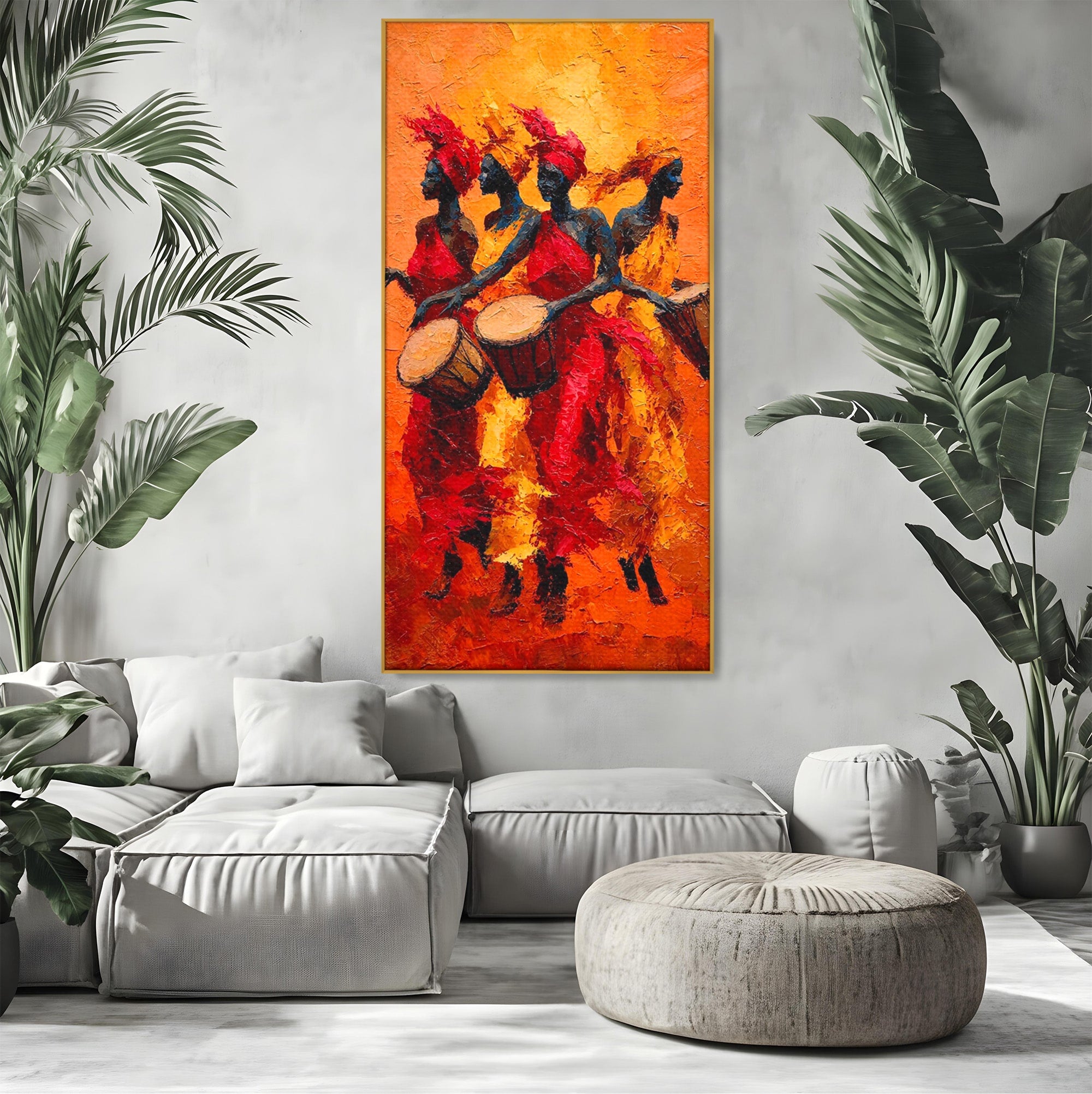 Tablou Canvas Premium LuxCanva® PI1006, Dansatoare Africane Cu Tobe, Dans, Africa, Tobe, Living, Cultura, Culori Vibrante