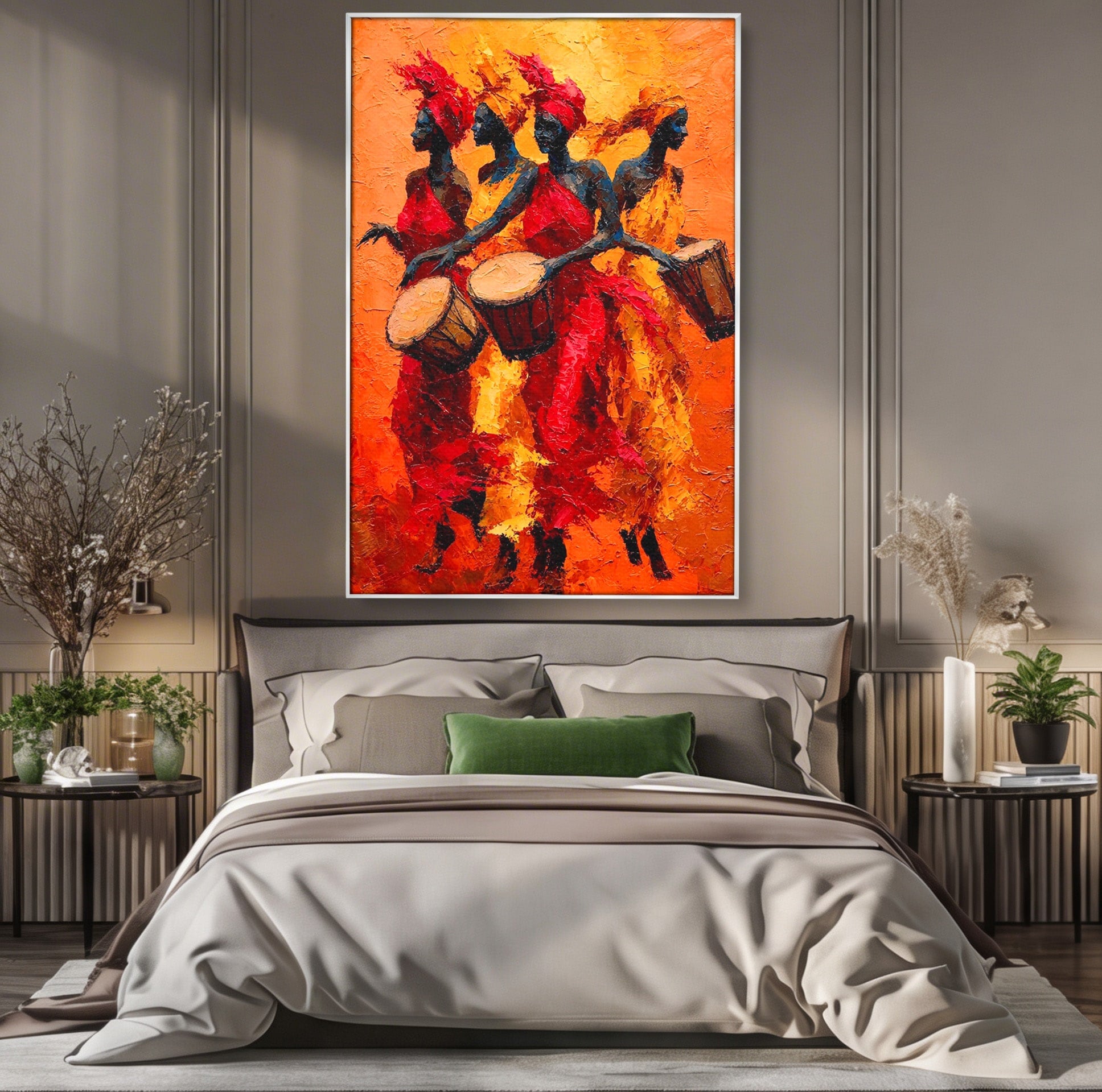 Tablou Canvas Premium LuxCanva® PI1006, Dansatoare Africane Cu Tobe, Dans, Africa, Tobe, Living, Cultura, Culori Vibrante