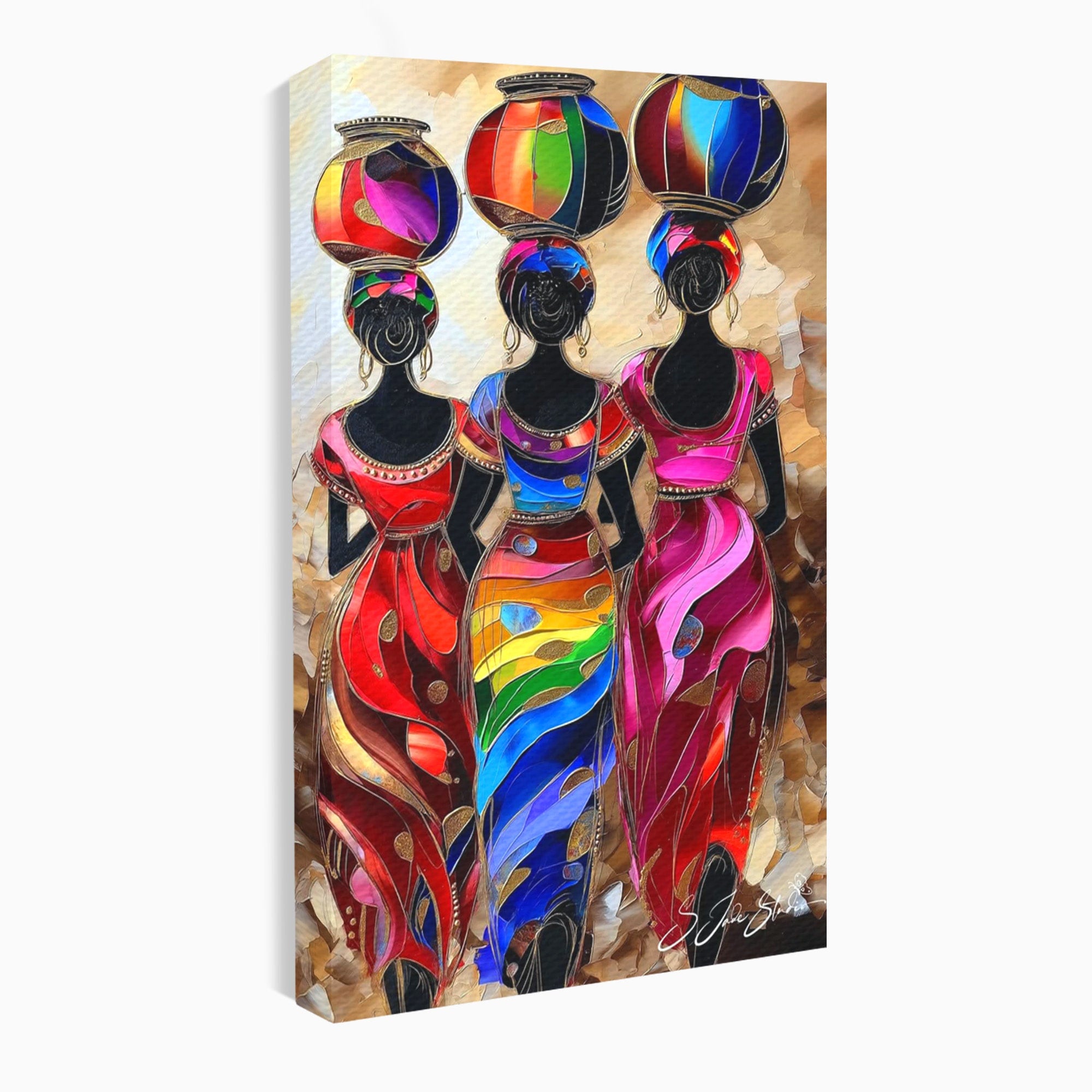 Tablou Canvas Premium LuxCanva® PI1007, Femei Africane Cu Vase, Femei, Africa, Vase, Living, Culori Puternice, Culori Vibrante