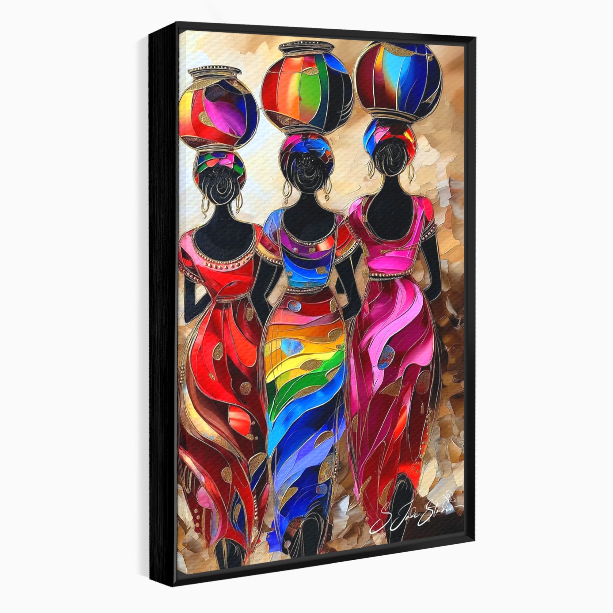 Tablou Canvas Premium LuxCanva® PI1007, Femei Africane Cu Vase, Femei, Africa, Vase, Living, Culori Puternice, Culori Vibrante
