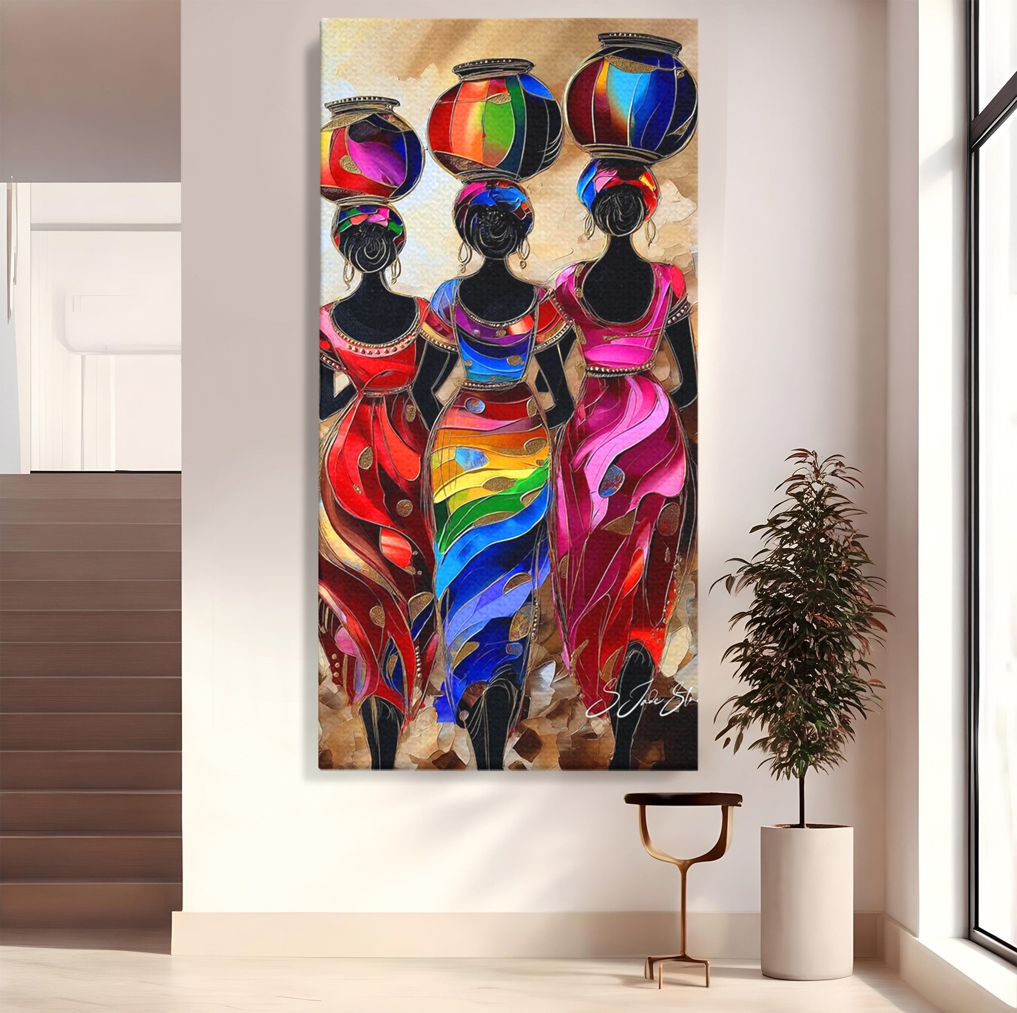 Tablou Canvas Premium LuxCanva® PI1007, Femei Africane Cu Vase, Femei, Africa, Vase, Living, Culori Puternice, Culori Vibrante