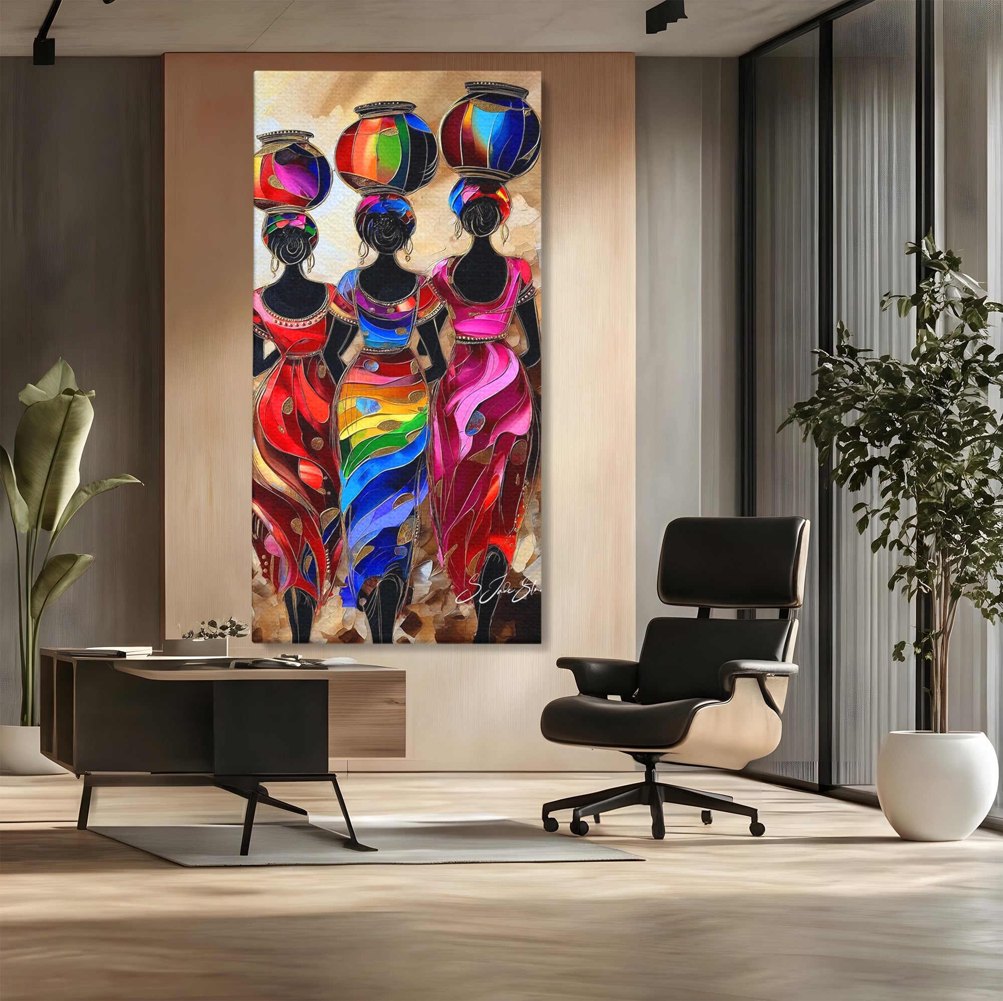 Tablou Canvas Premium LuxCanva® PI1007, Femei Africane Cu Vase, Femei, Africa, Vase, Living, Culori Puternice, Culori Vibrante