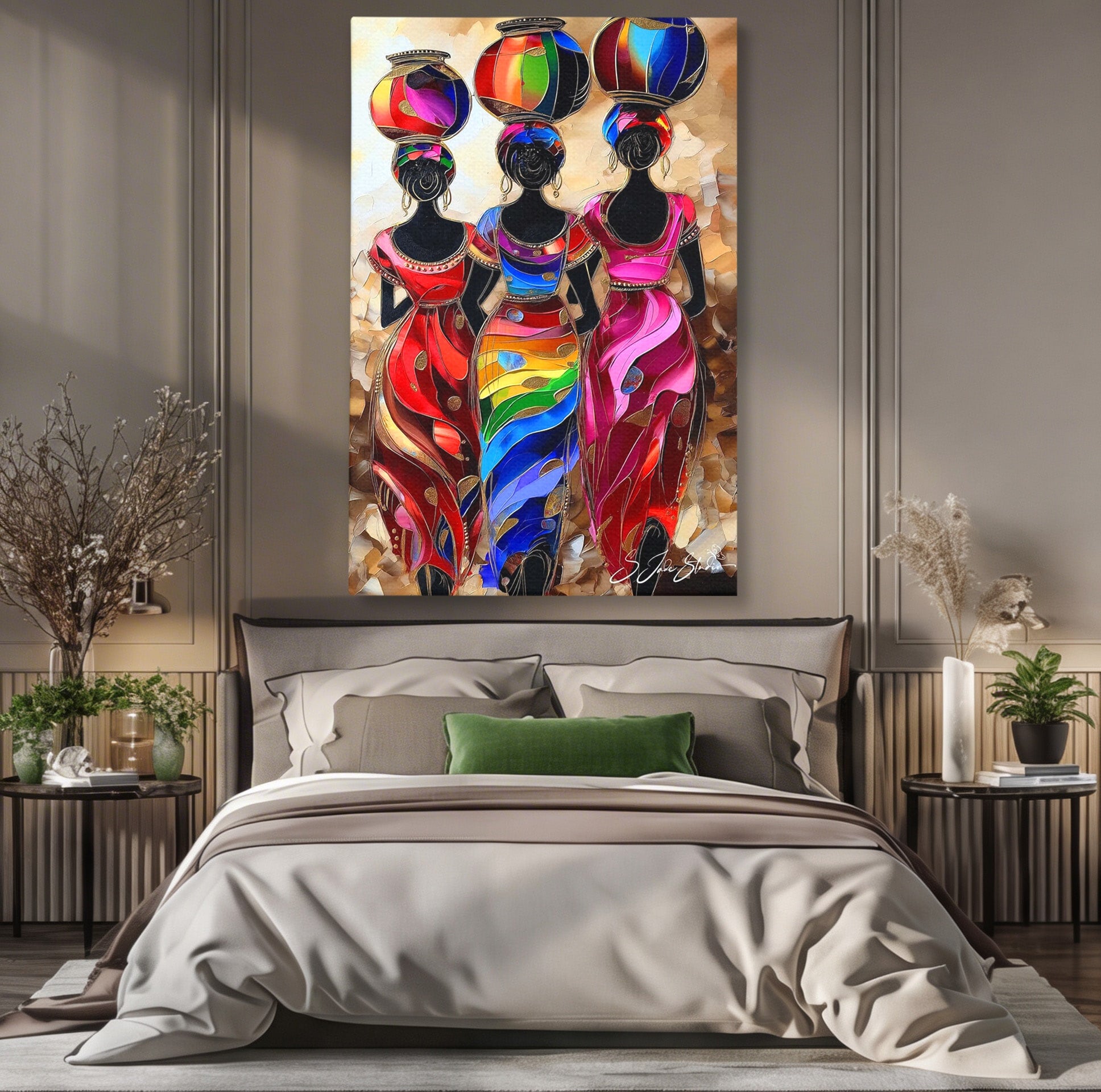 Tablou Canvas Premium LuxCanva® PI1007, Femei Africane Cu Vase, Femei, Africa, Vase, Living, Culori Puternice, Culori Vibrante
