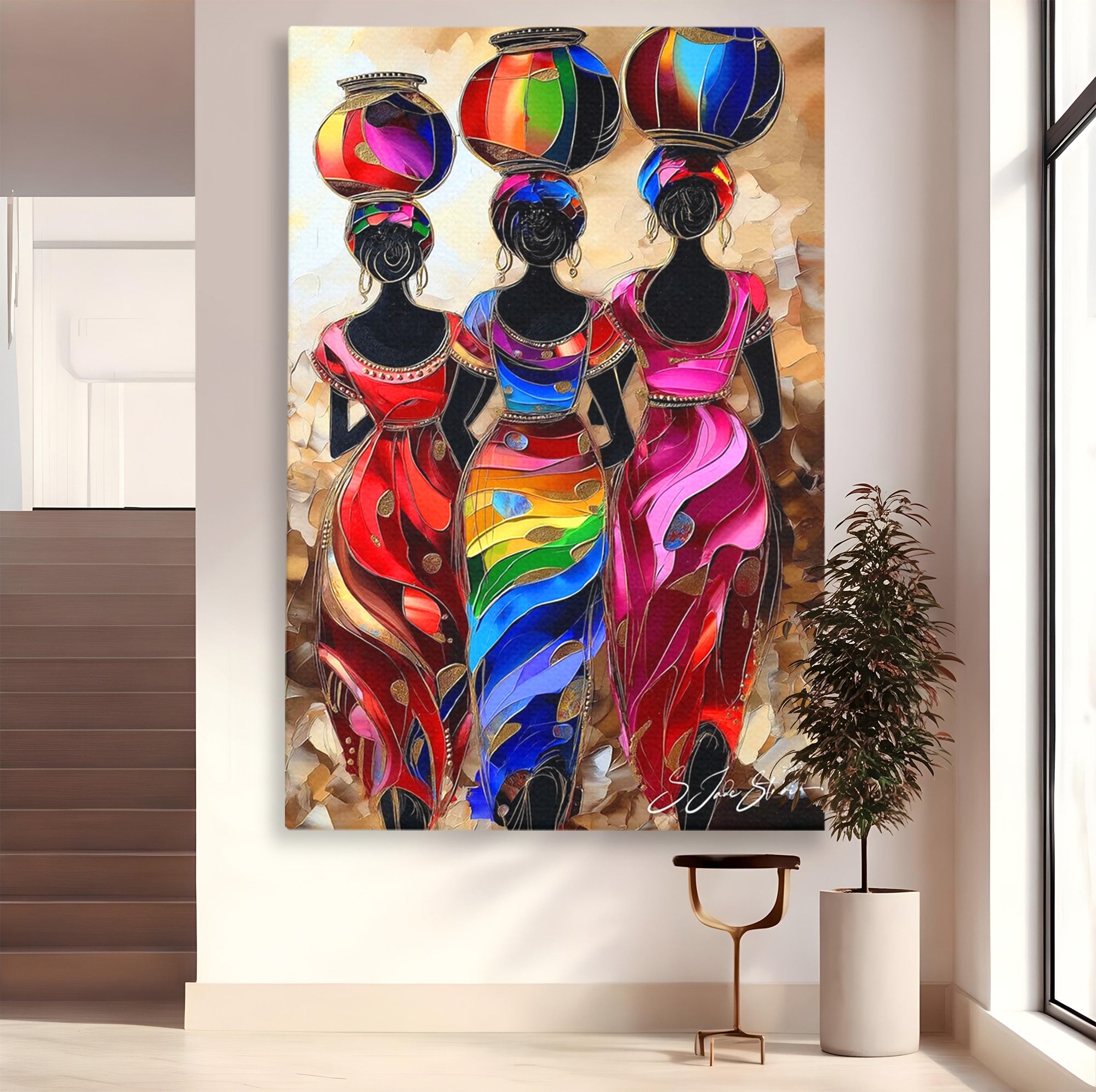 Tablou Canvas Premium LuxCanva® PI1007, Femei Africane Cu Vase, Femei, Africa, Vase, Living, Culori Puternice, Culori Vibrante