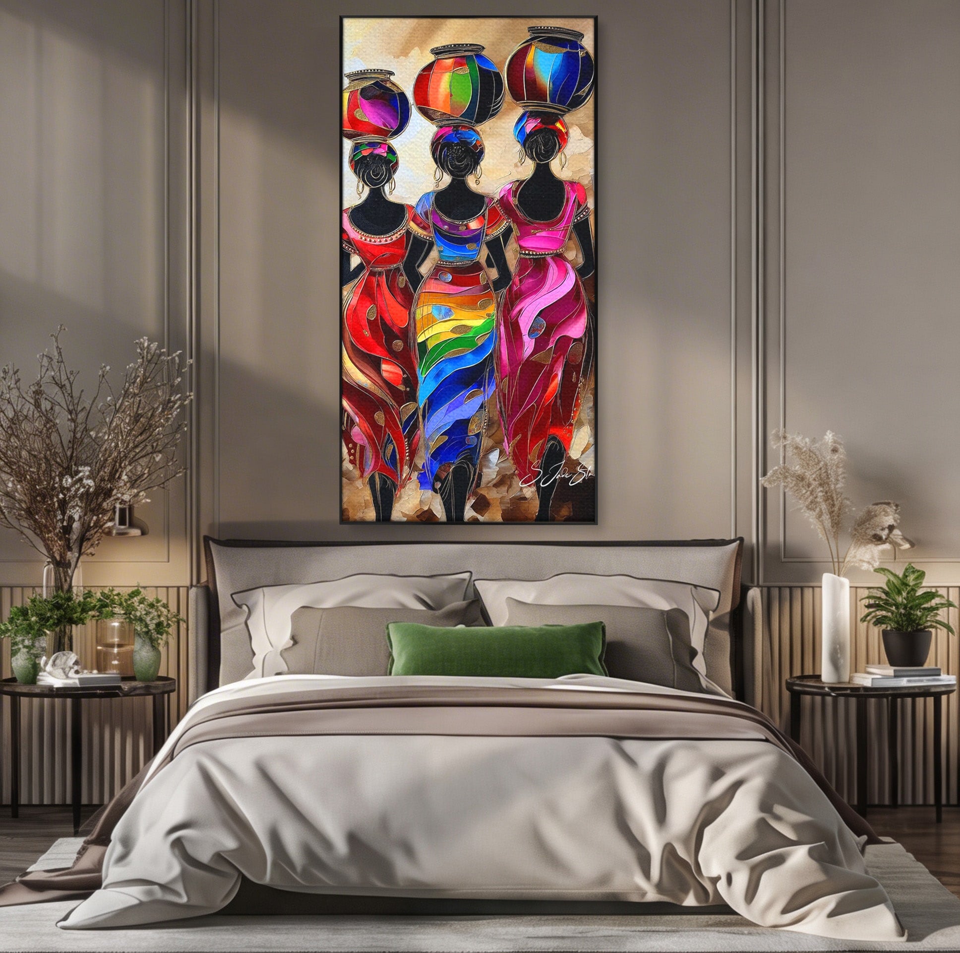Tablou Canvas Premium LuxCanva® PI1007, Femei Africane Cu Vase, Femei, Africa, Vase, Living, Culori Puternice, Culori Vibrante