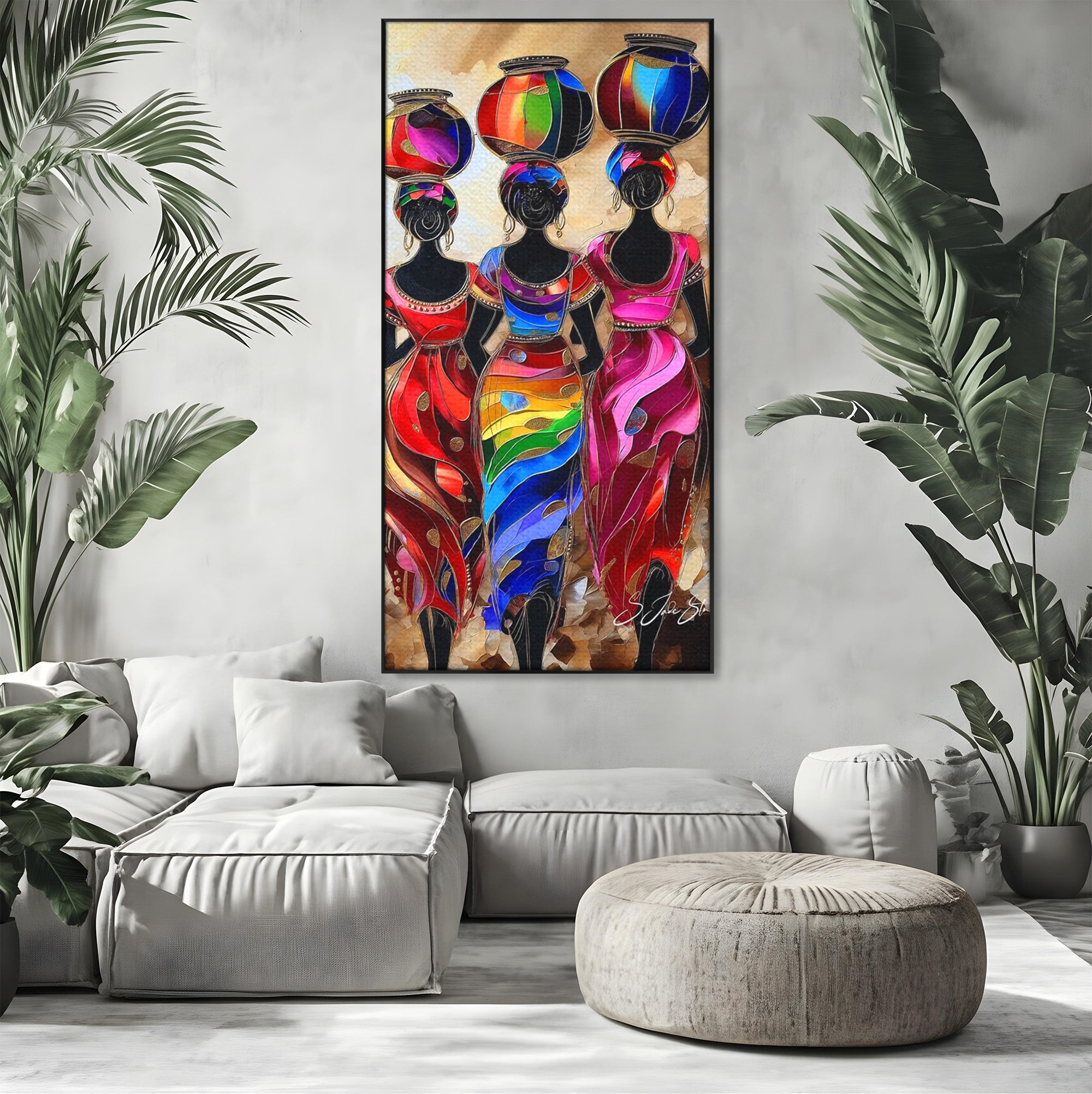 Tablou Canvas Premium LuxCanva® PI1007, Femei Africane Cu Vase, Femei, Africa, Vase, Living, Culori Puternice, Culori Vibrante