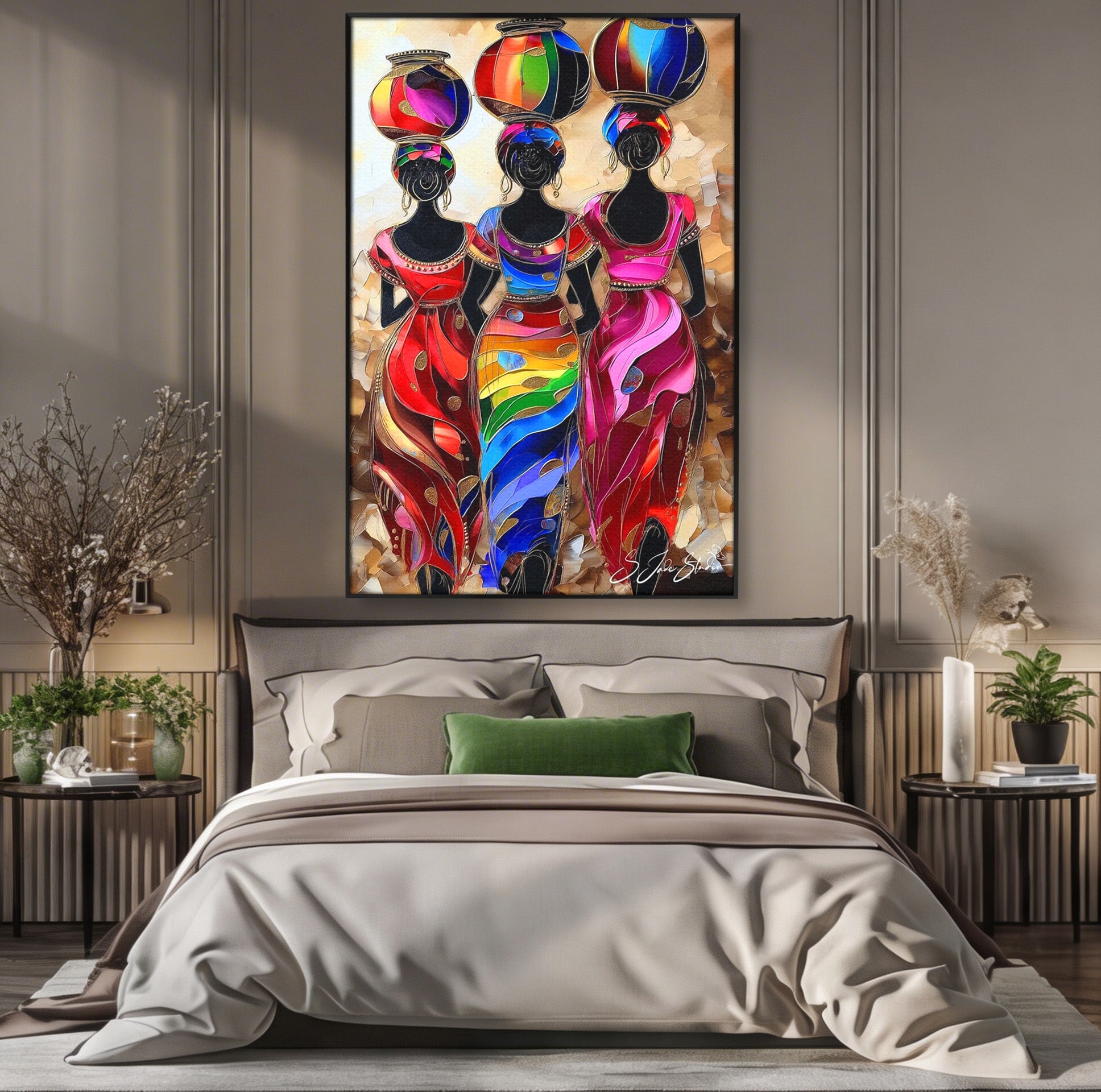 Tablou Canvas Premium LuxCanva® PI1007, Femei Africane Cu Vase, Femei, Africa, Vase, Living, Culori Puternice, Culori Vibrante