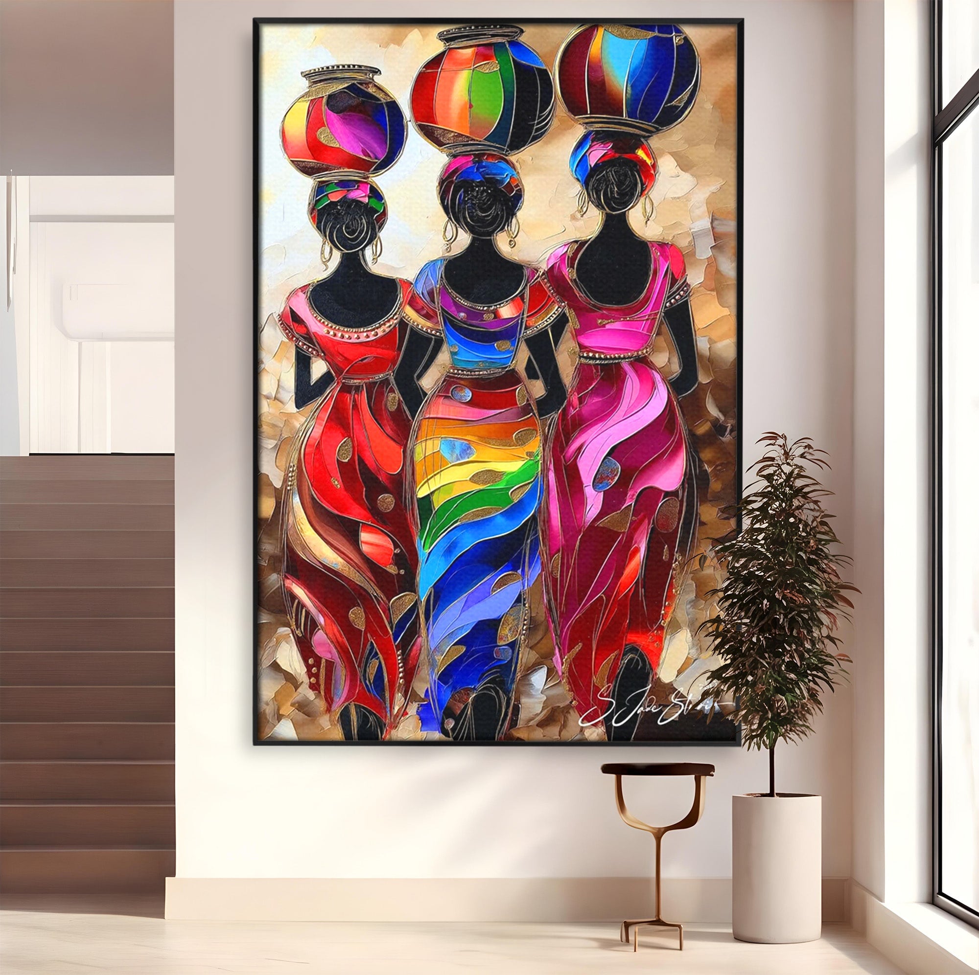 Tablou Canvas Premium LuxCanva® PI1007, Femei Africane Cu Vase, Femei, Africa, Vase, Living, Culori Puternice, Culori Vibrante