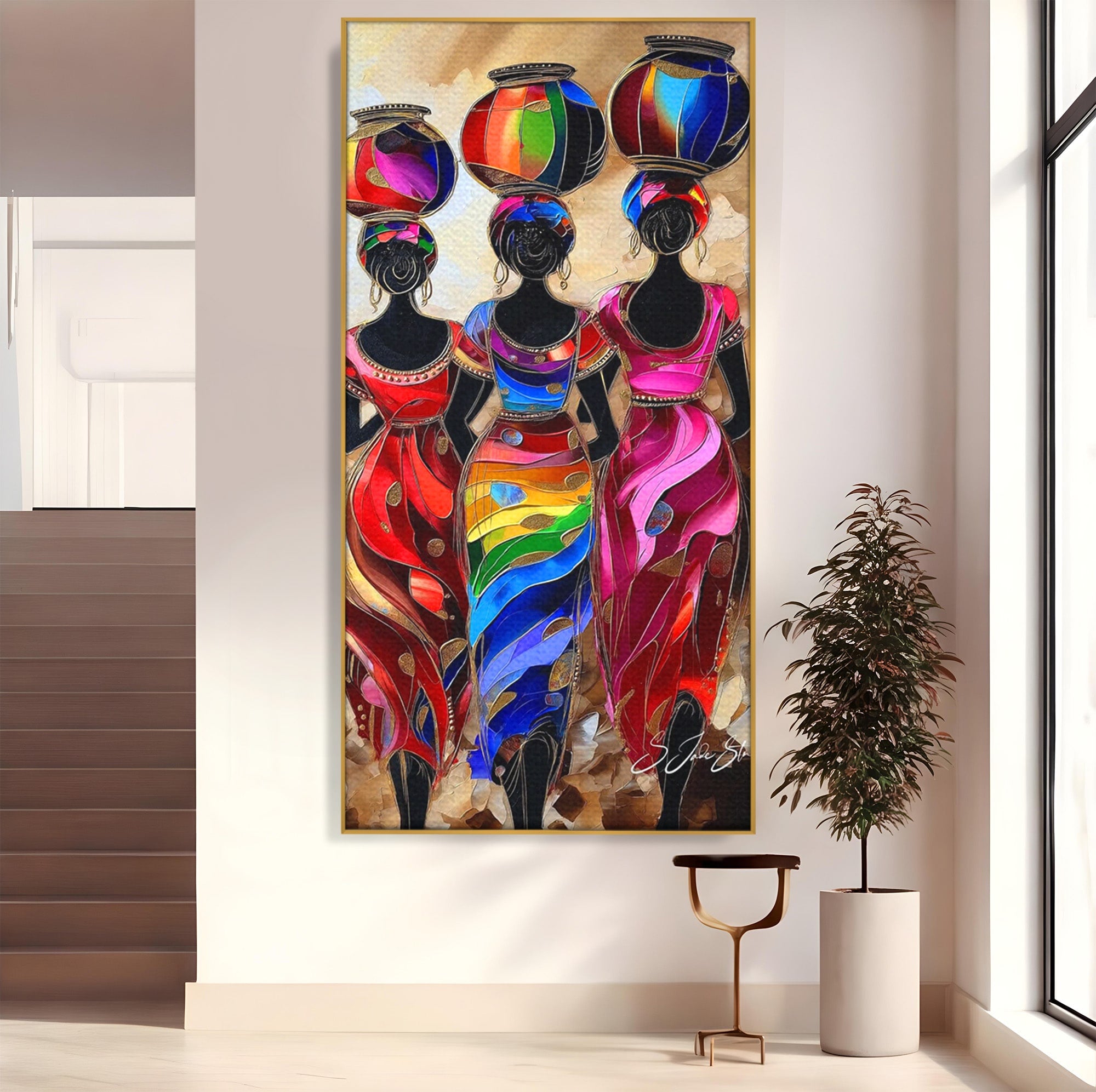 Tablou Canvas Premium LuxCanva® PI1007, Femei Africane Cu Vase, Femei, Africa, Vase, Living, Culori Puternice, Culori Vibrante