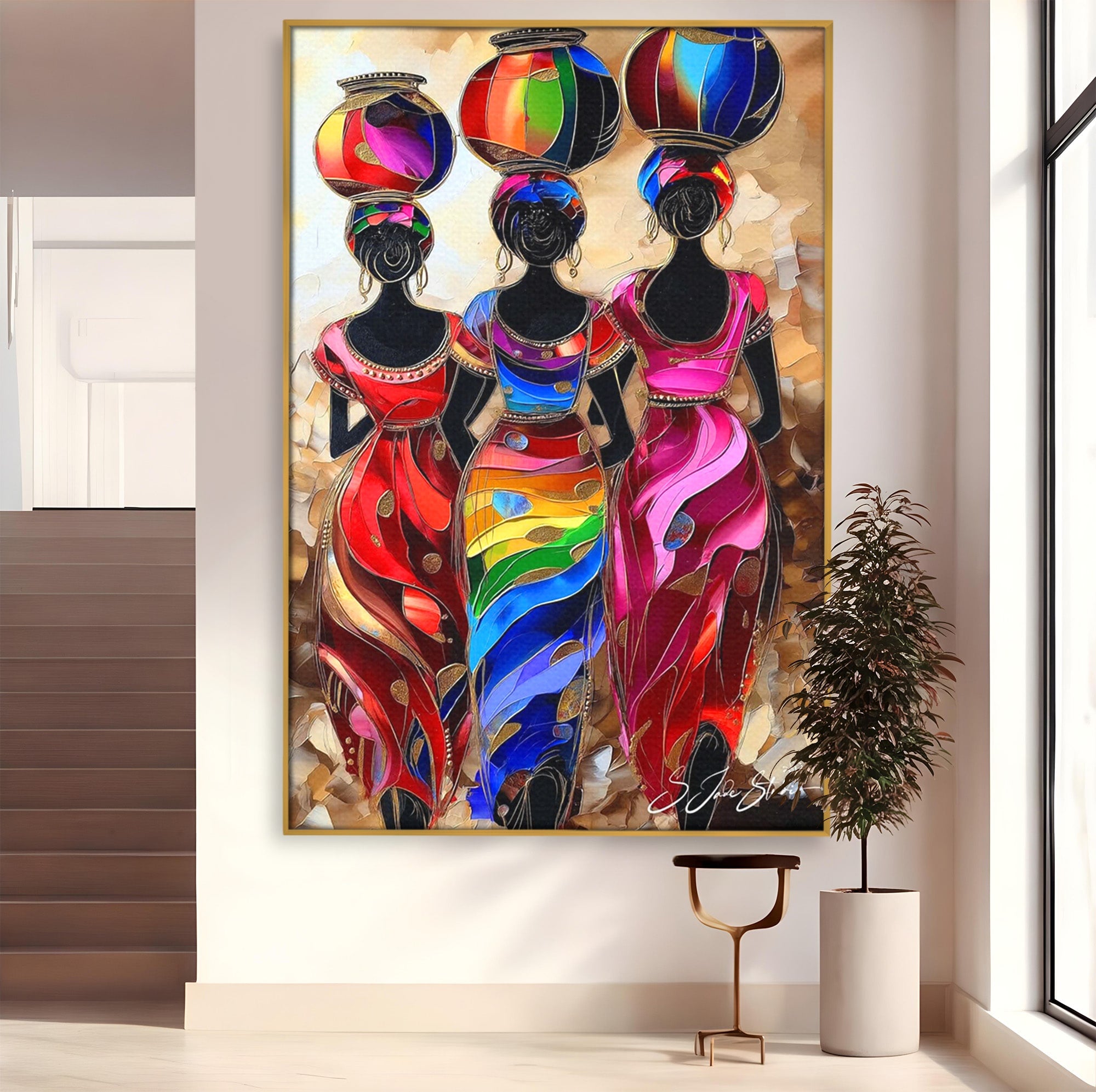 Tablou Canvas Premium LuxCanva® PI1007, Femei Africane Cu Vase, Femei, Africa, Vase, Living, Culori Puternice, Culori Vibrante