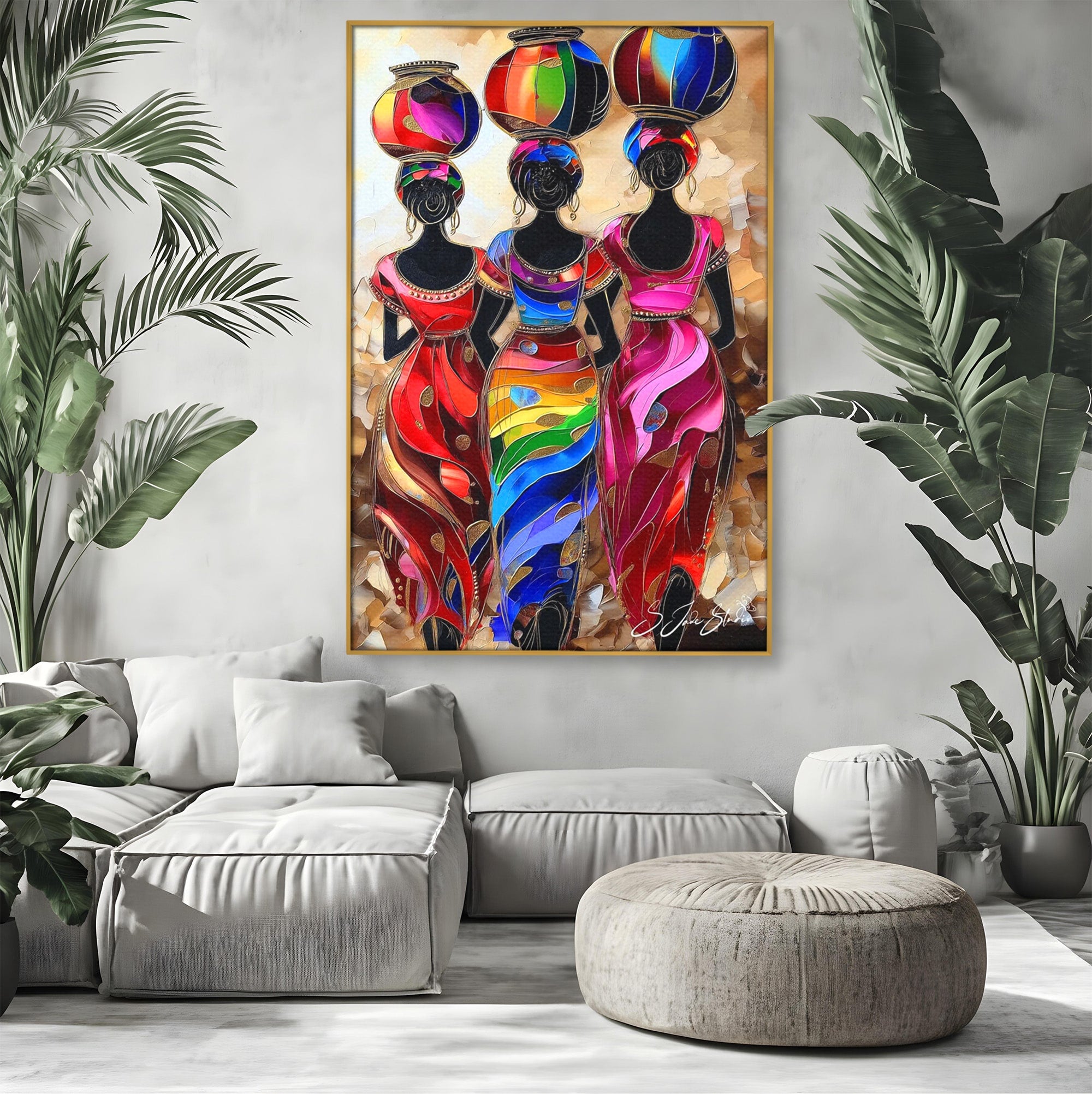 Tablou Canvas Premium LuxCanva® PI1007, Femei Africane Cu Vase, Femei, Africa, Vase, Living, Culori Puternice, Culori Vibrante