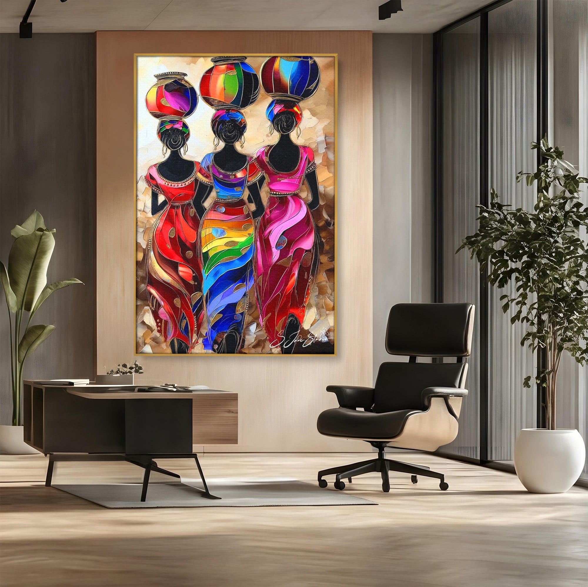 Tablou Canvas Premium LuxCanva® PI1007, Femei Africane Cu Vase, Femei, Africa, Vase, Living, Culori Puternice, Culori Vibrante