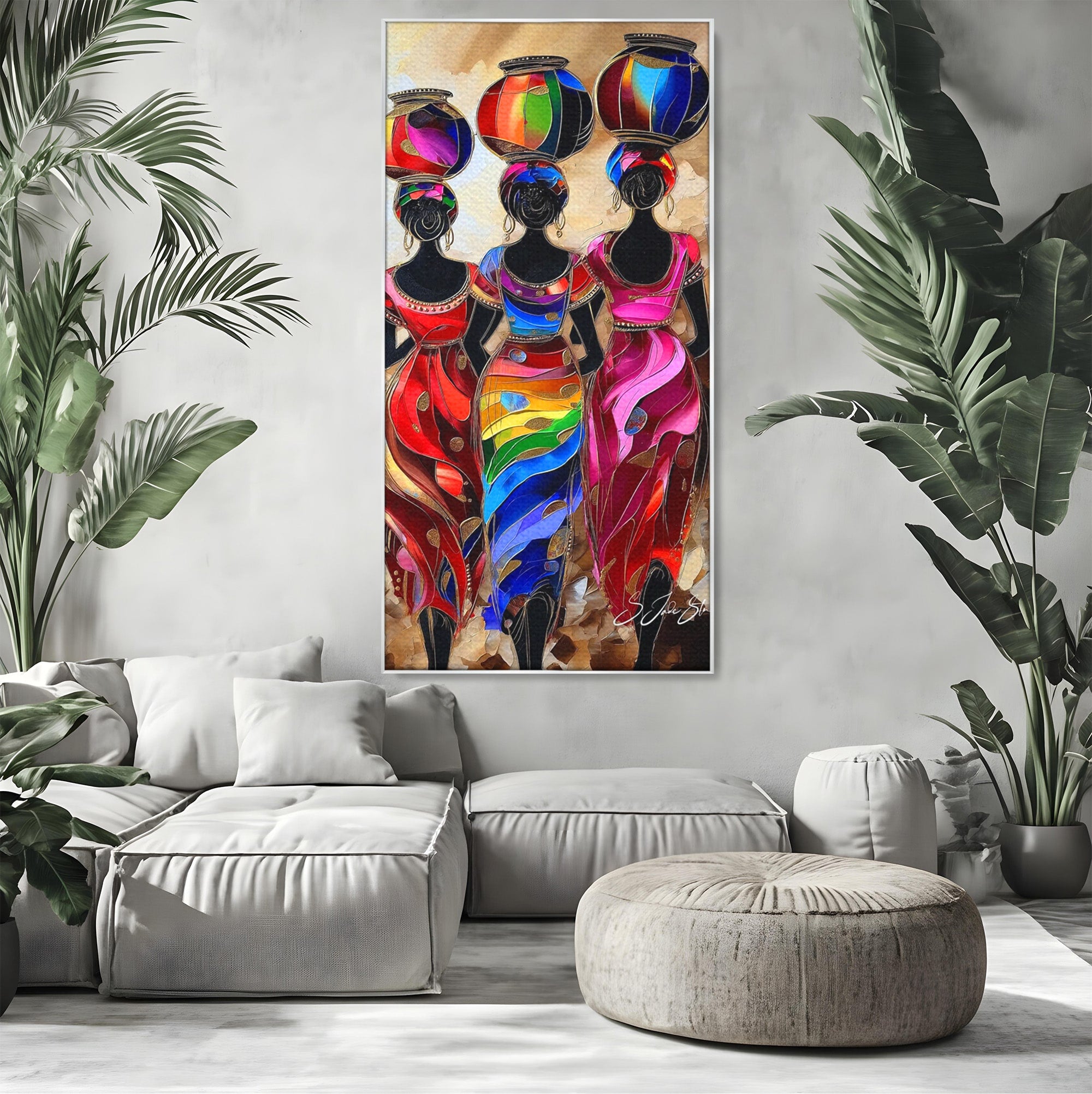 Tablou Canvas Premium LuxCanva® PI1007, Femei Africane Cu Vase, Femei, Africa, Vase, Living, Culori Puternice, Culori Vibrante