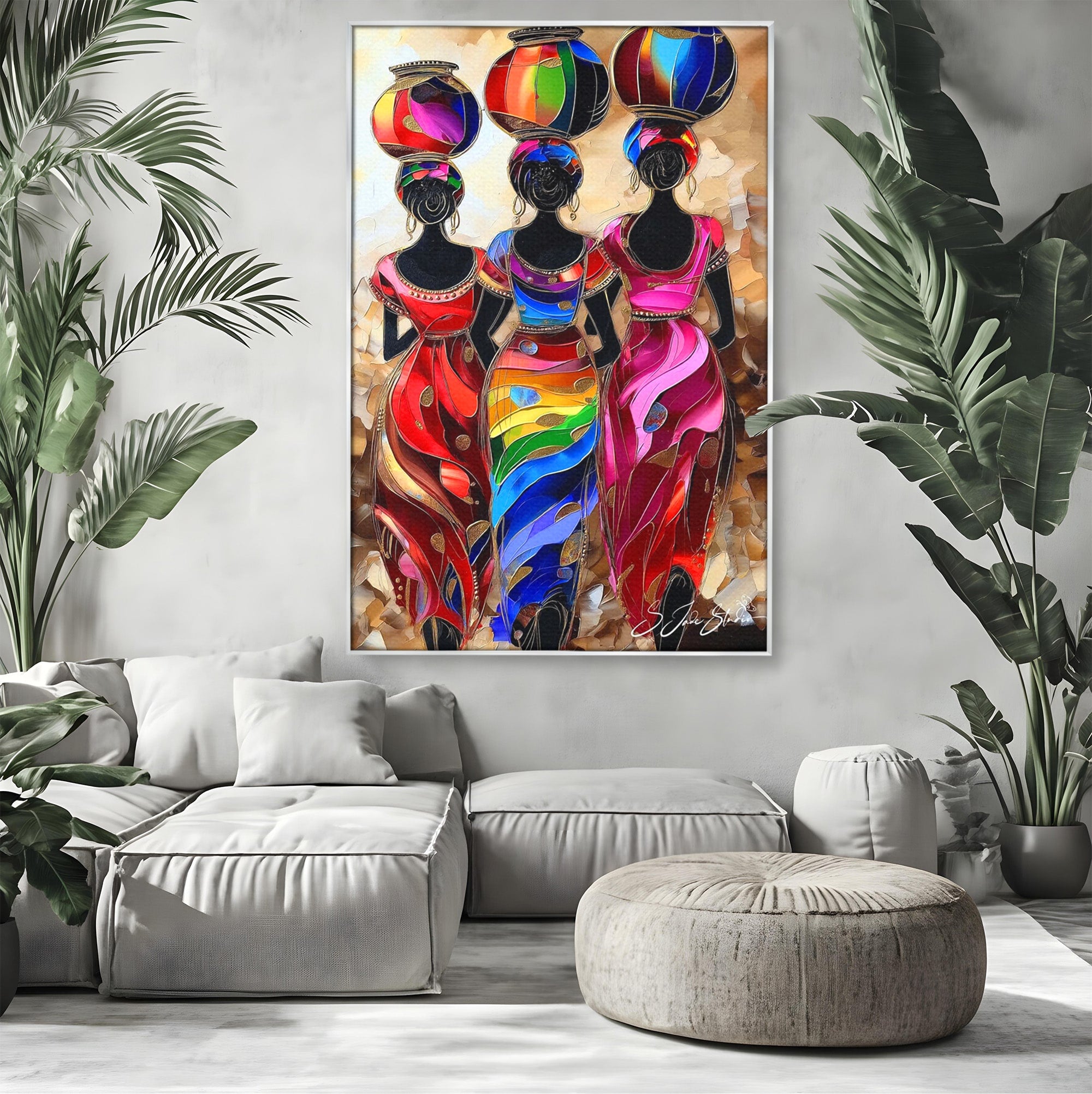 Tablou Canvas Premium LuxCanva® PI1007, Femei Africane Cu Vase, Femei, Africa, Vase, Living, Culori Puternice, Culori Vibrante