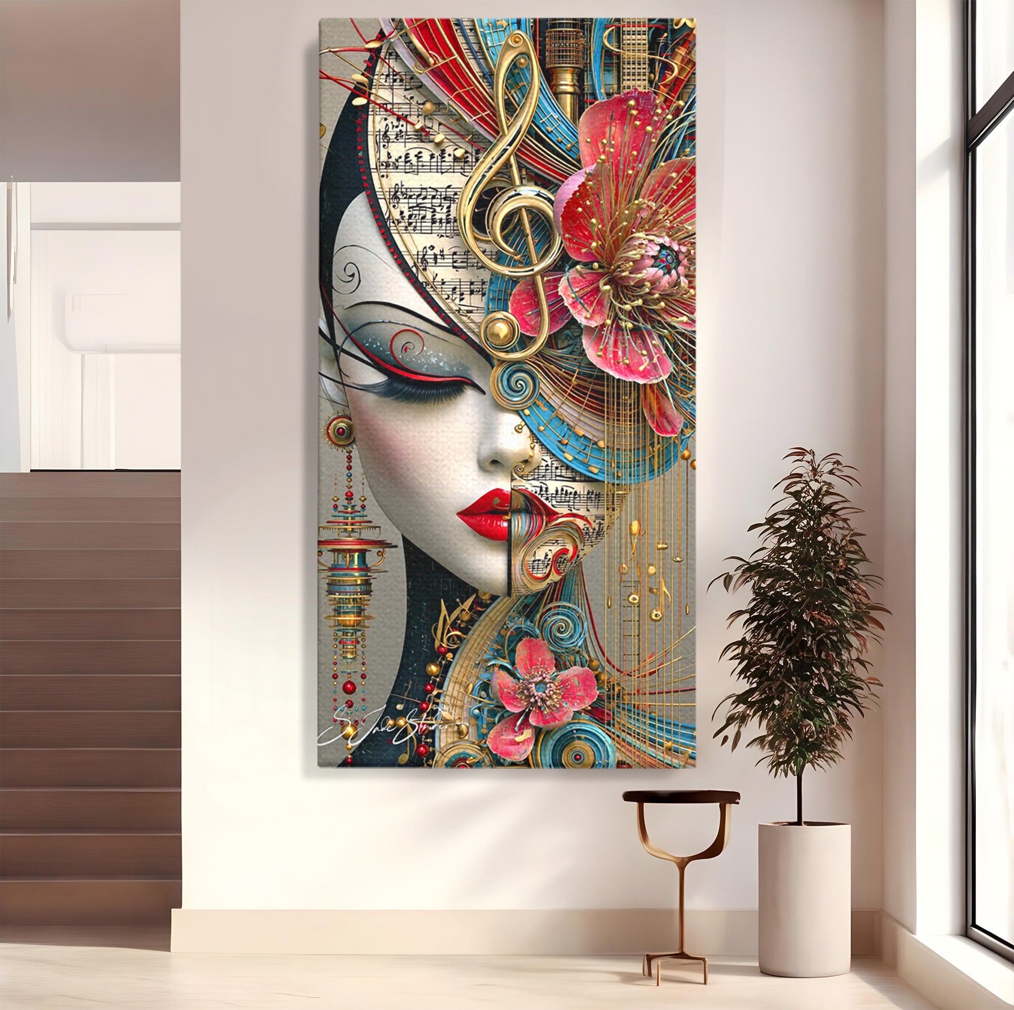 Tablou Canvas Premium LuxCanva® PI1009, Portret Muzical Artistic, Portret, Muzica, Arta Abstracta, Flori, Living, Culori Vibrante