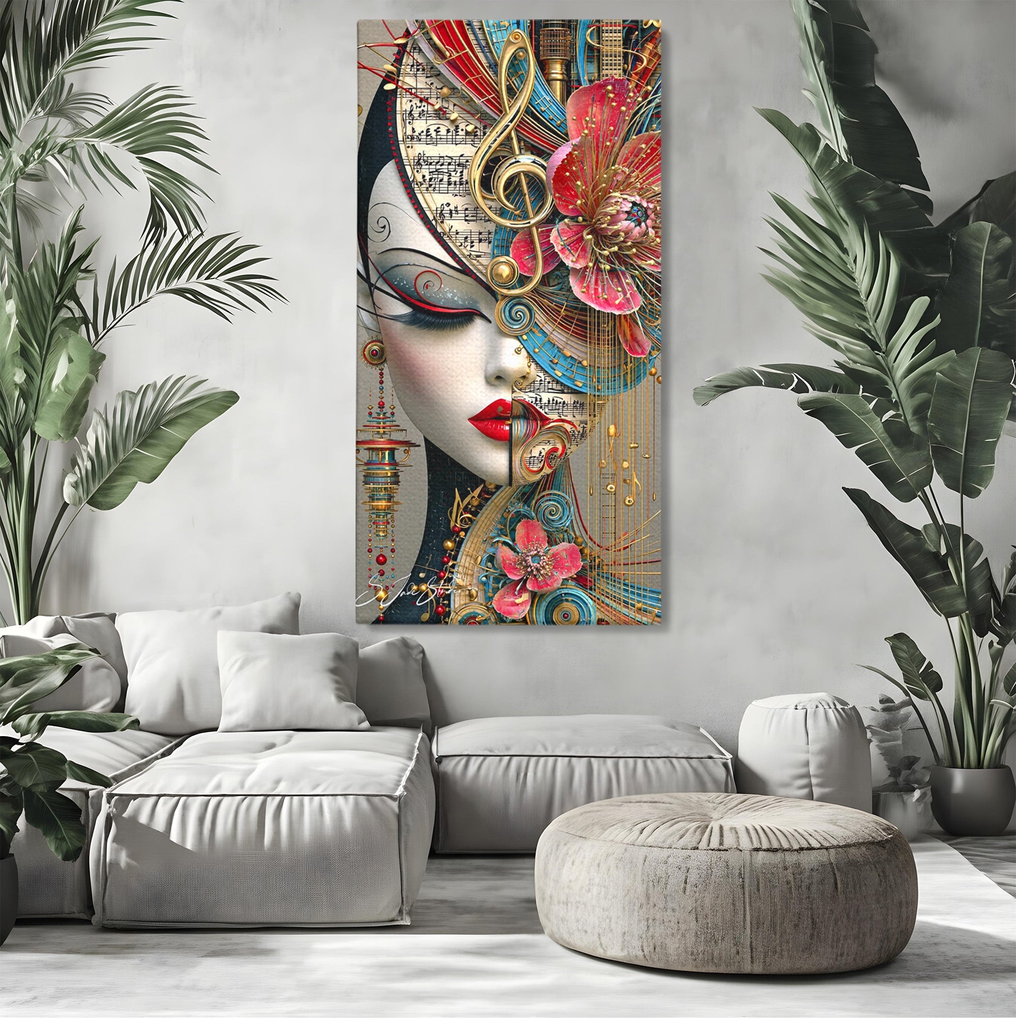Tablou Canvas Premium LuxCanva® PI1009, Portret Muzical Artistic, Portret, Muzica, Arta Abstracta, Flori, Living, Culori Vibrante