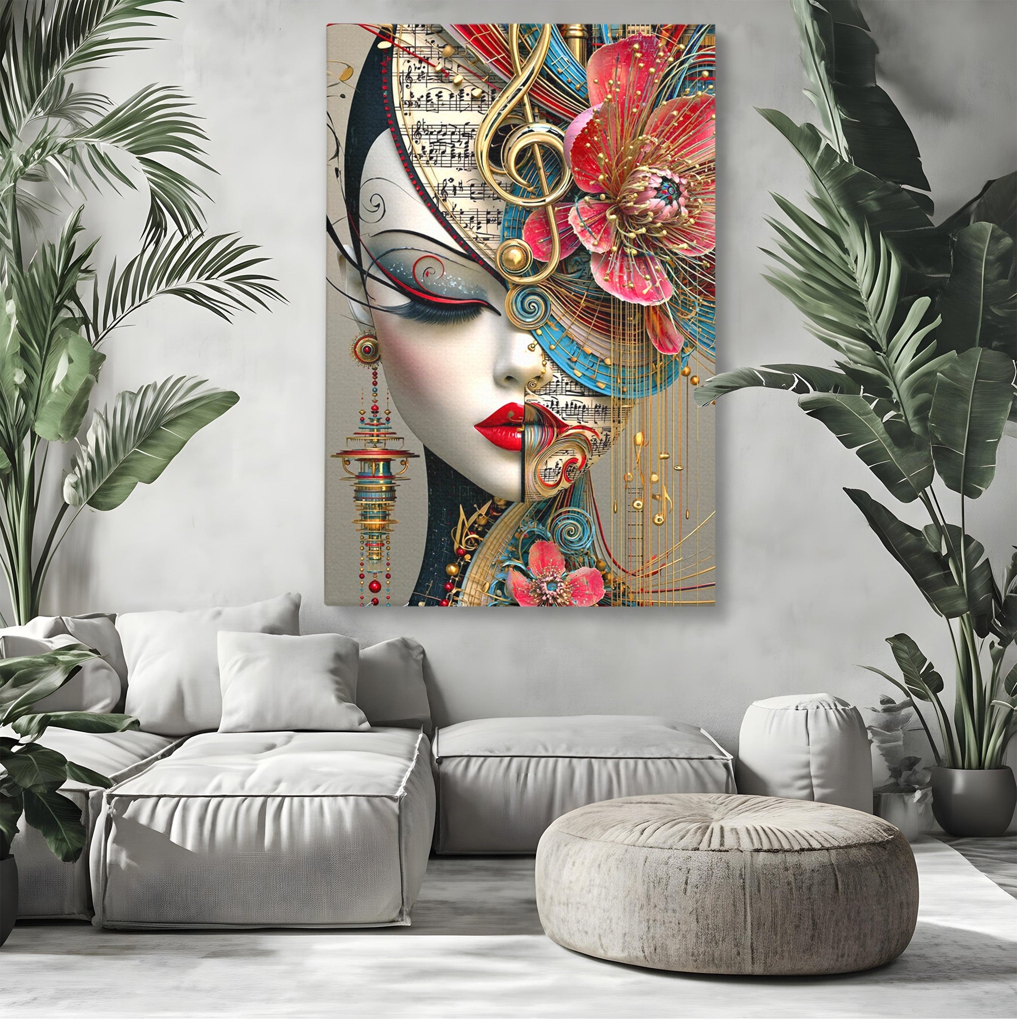 Tablou Canvas Premium LuxCanva® PI1009, Portret Muzical Artistic, Portret, Muzica, Arta Abstracta, Flori, Living, Culori Vibrante
