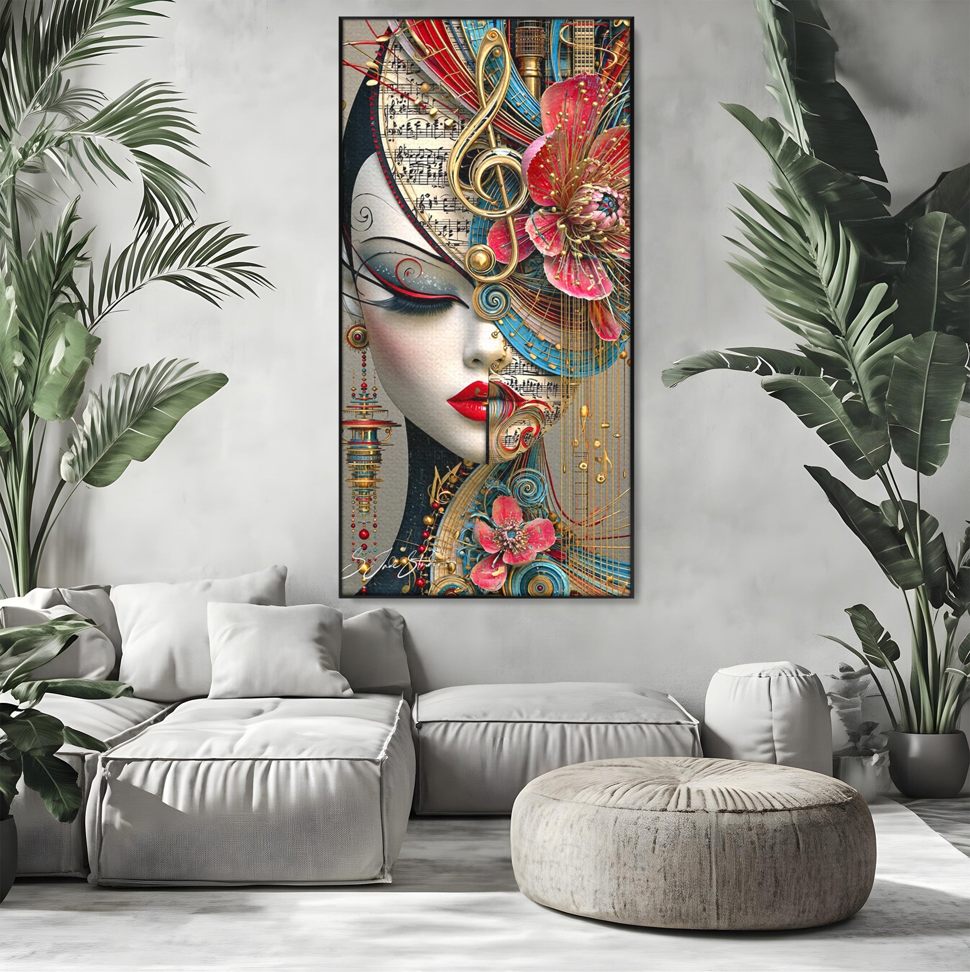 Tablou Canvas Premium LuxCanva® PI1009, Portret Muzical Artistic, Portret, Muzica, Arta Abstracta, Flori, Living, Culori Vibrante