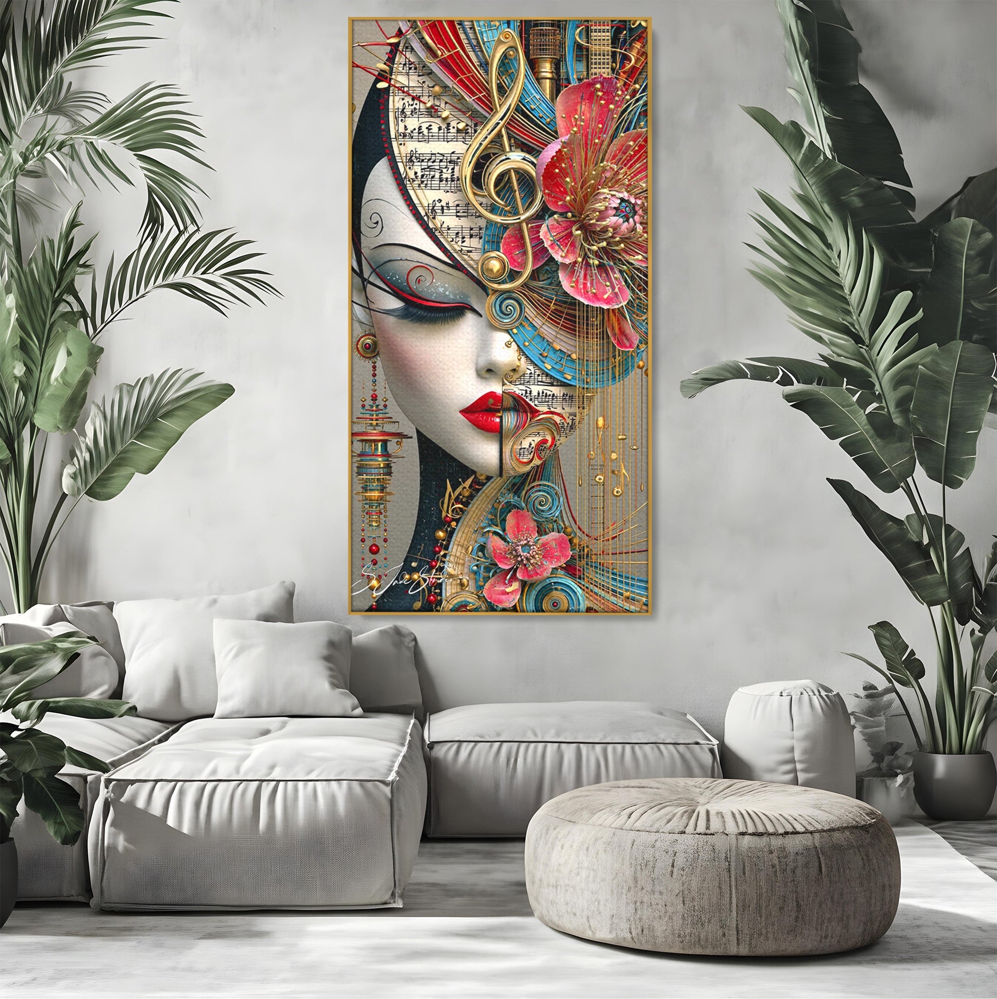 Tablou Canvas Premium LuxCanva® PI1009, Portret Muzical Artistic, Portret, Muzica, Arta Abstracta, Flori, Living, Culori Vibrante