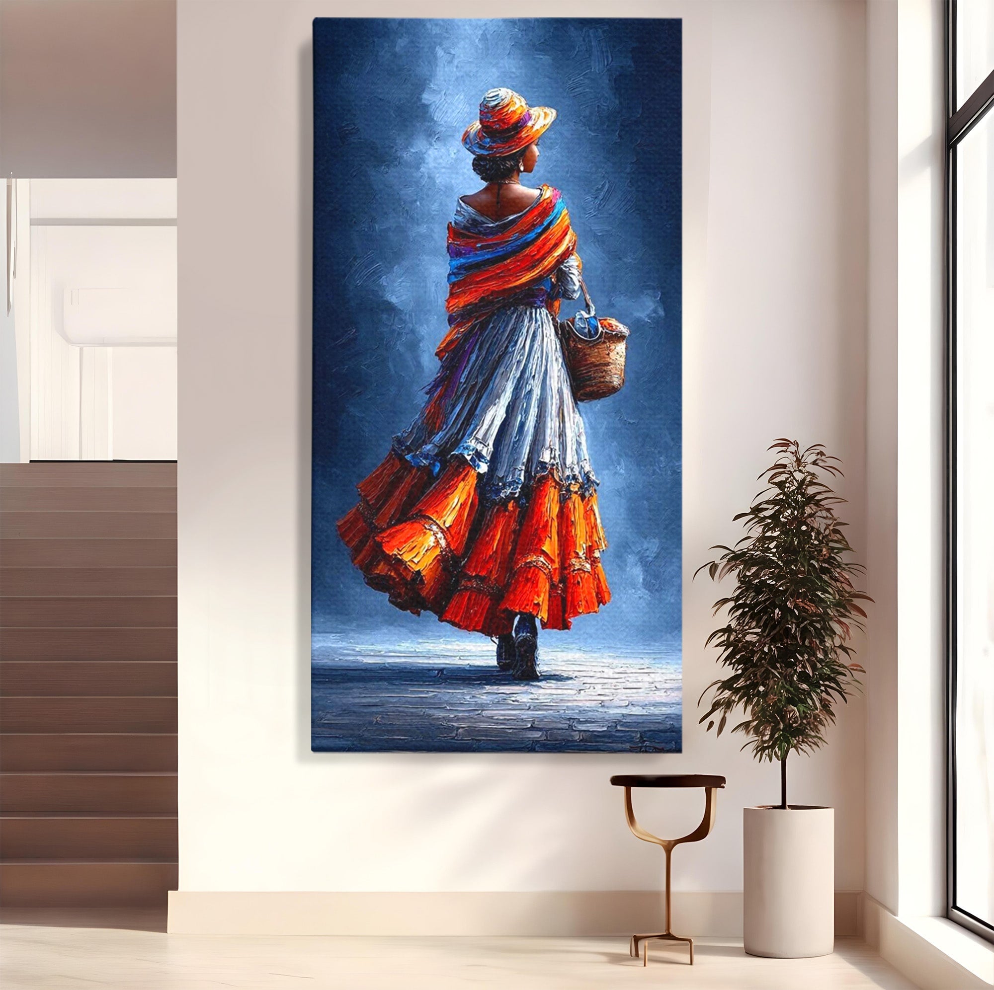 Tablou Canvas Premium LuxCanva® PI1012, Femeie In Rochie Colorata, Plimbare, Rochie, Cos, Arta, Portret, Living, Culori Vibrante